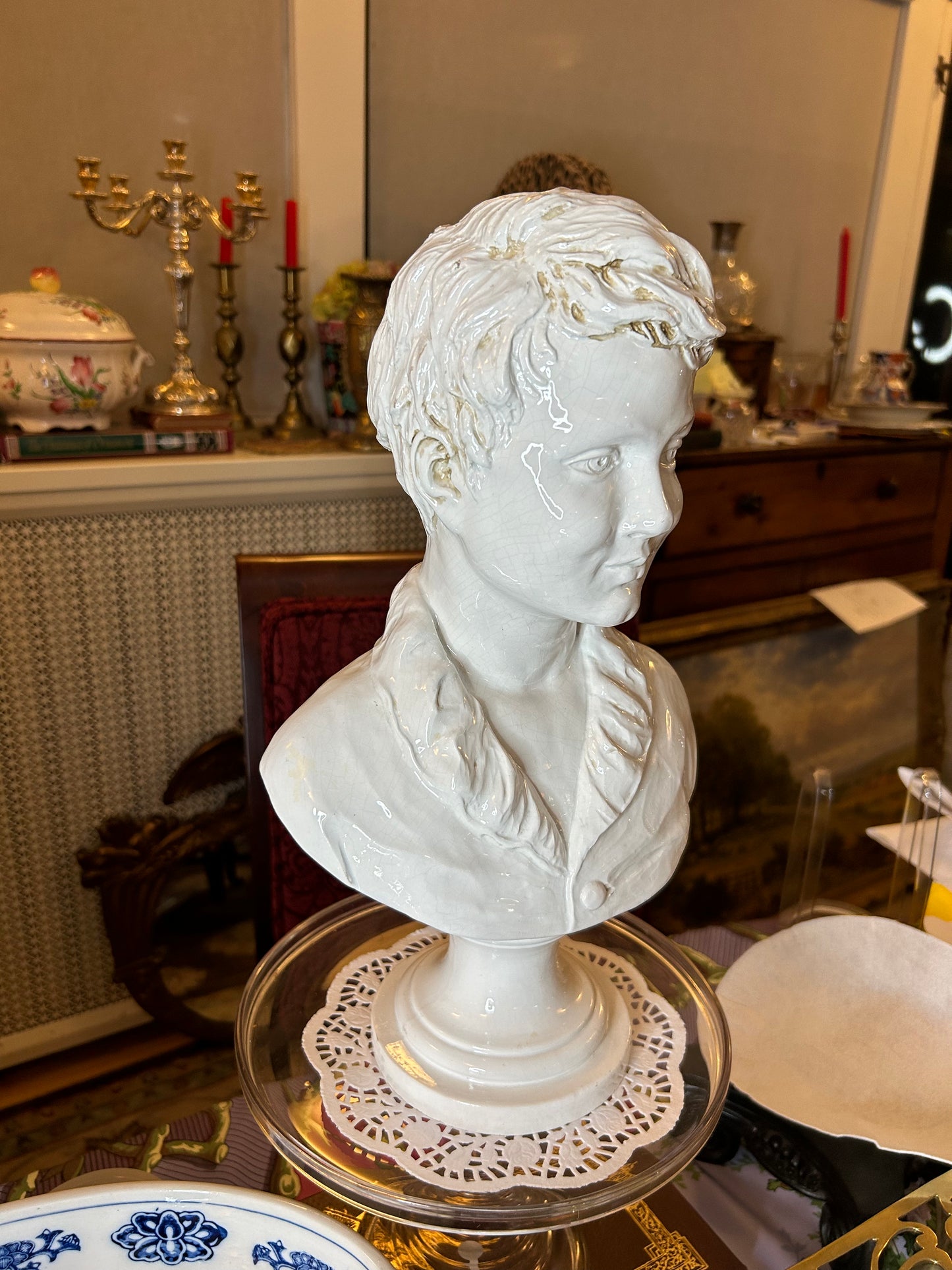 Gorgeous White Glazed Bust of a Young Man! Made in Ital 15 1/2” Tall