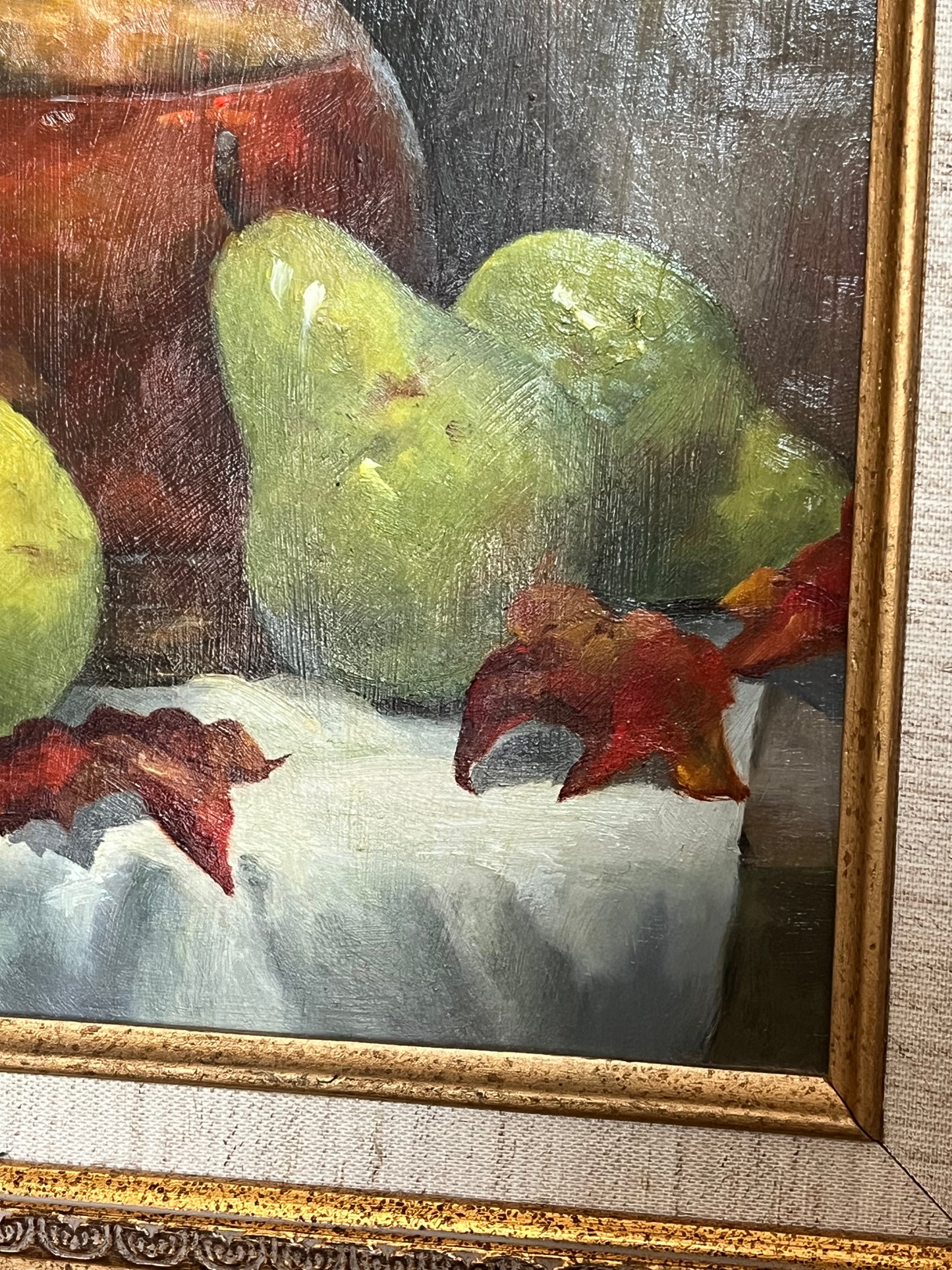 Gorgeous Original Oil On Board Still Life Fine Painting - Pears and Brass - Late 20th Century Signed And Dated