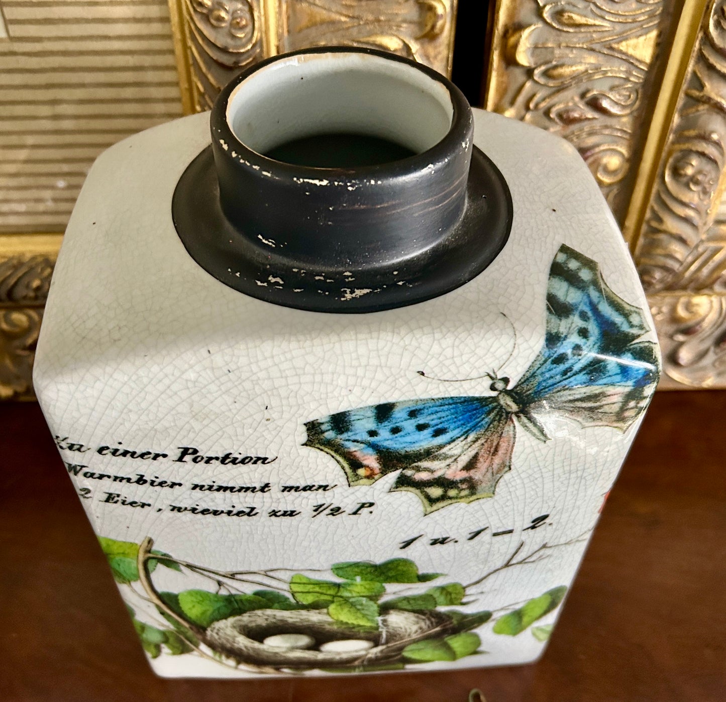 Charming Vintage Butterfly & Bird Nest Stoneware Tea Jar