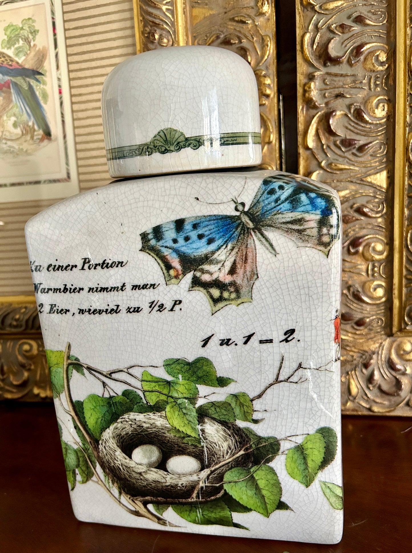 Charming Vintage Butterfly & Bird Nest Stoneware Tea Jar