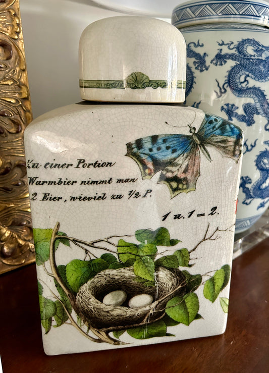 Charming Vintage Butterfly & Bird Nest Stoneware Tea Jar