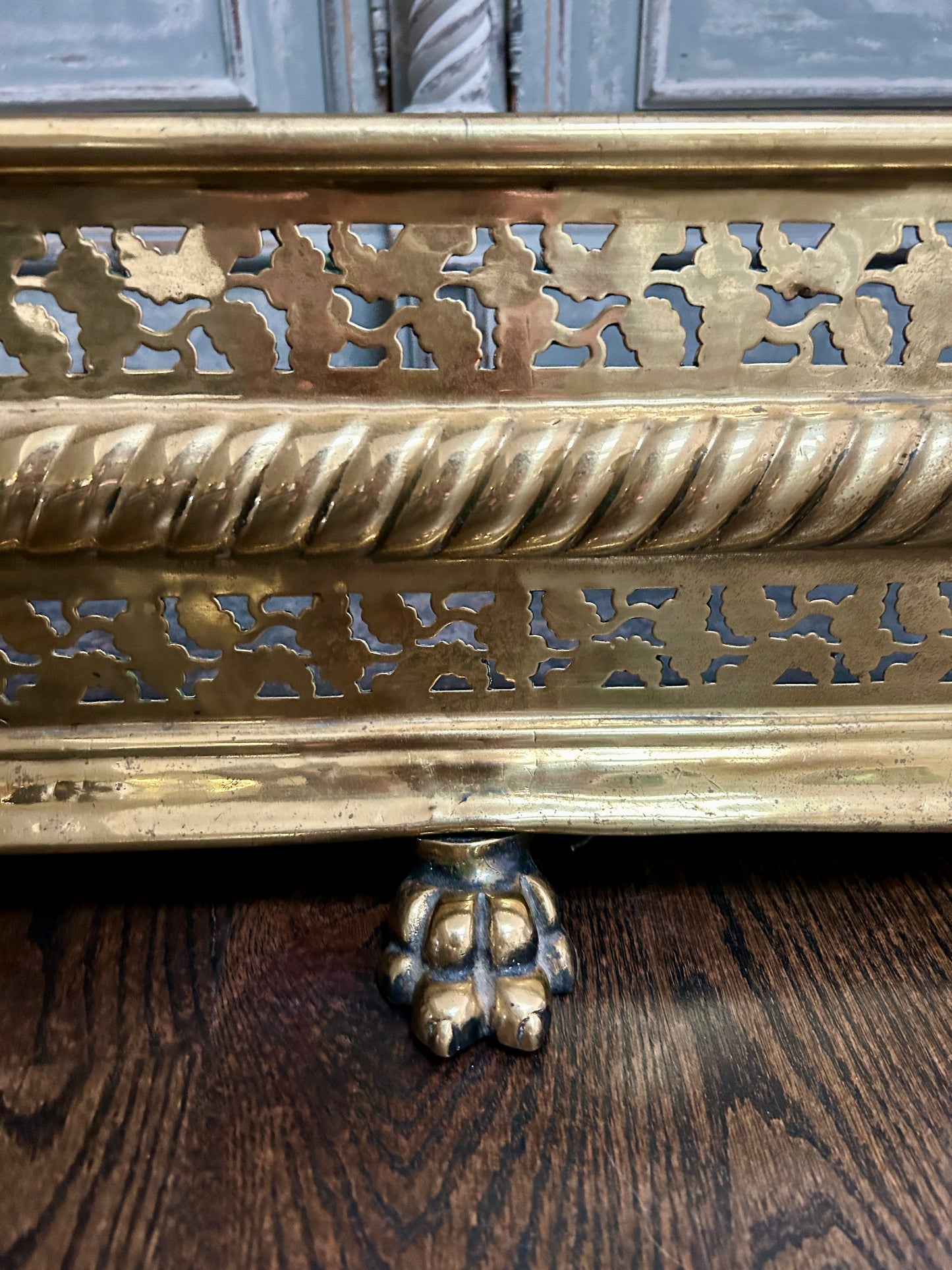 Antique English Pierced Brass Fireplace Fender w/ Paw Feet