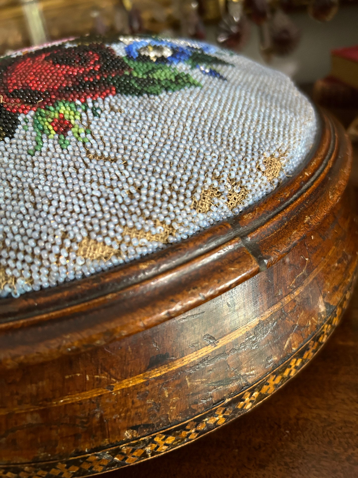 19th Century Victorian Beaded Needlepoint Foot Stool