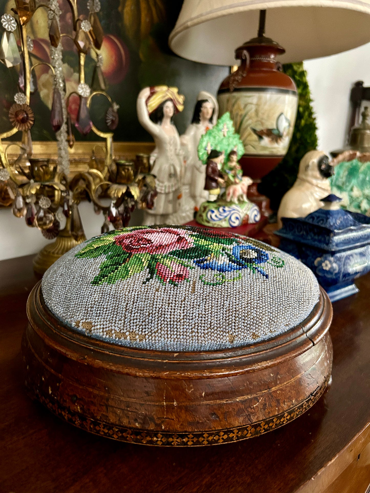 19th Century Victorian Beaded Needlepoint Foot Stool