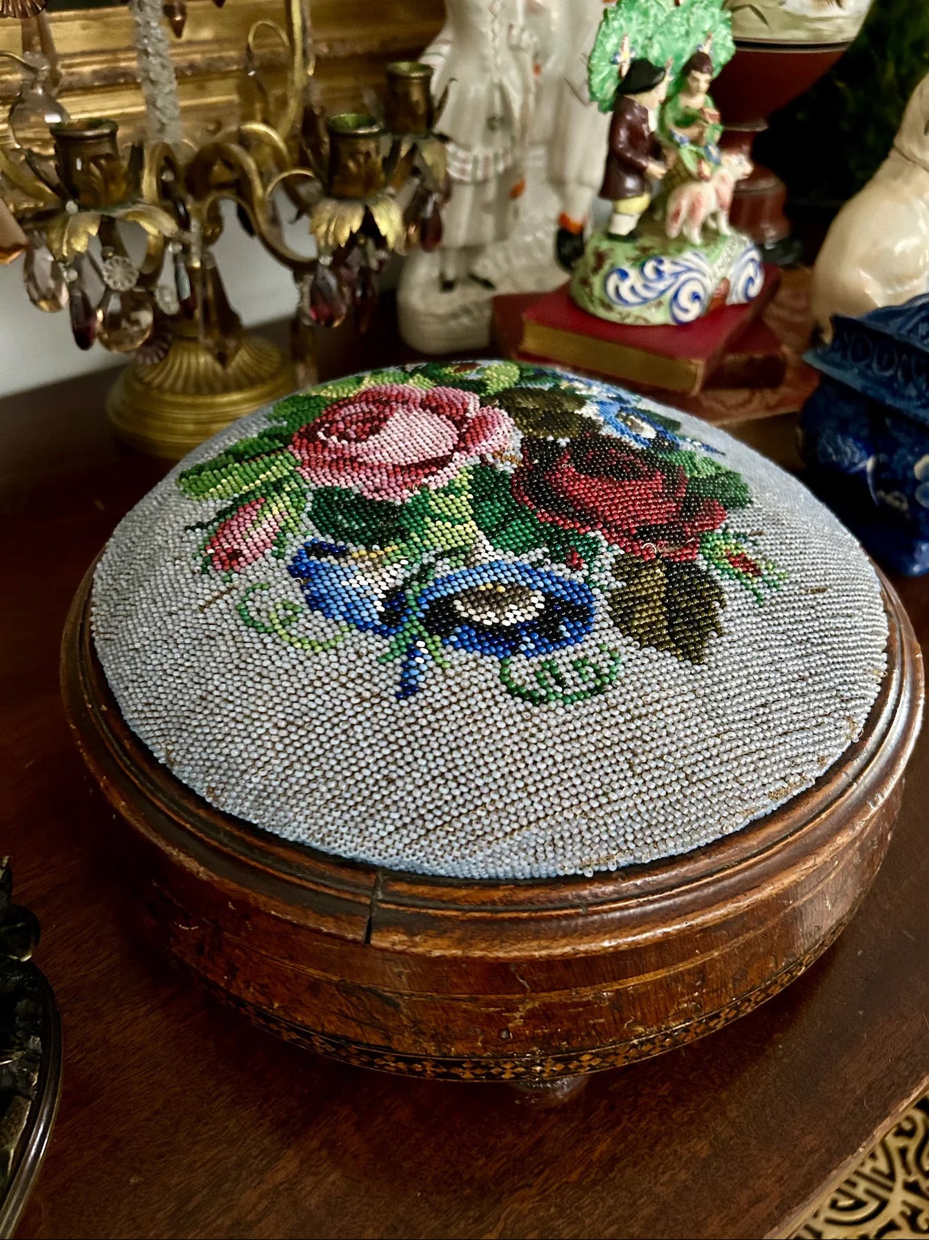 19th Century Victorian Beaded Needlepoint Foot Stool