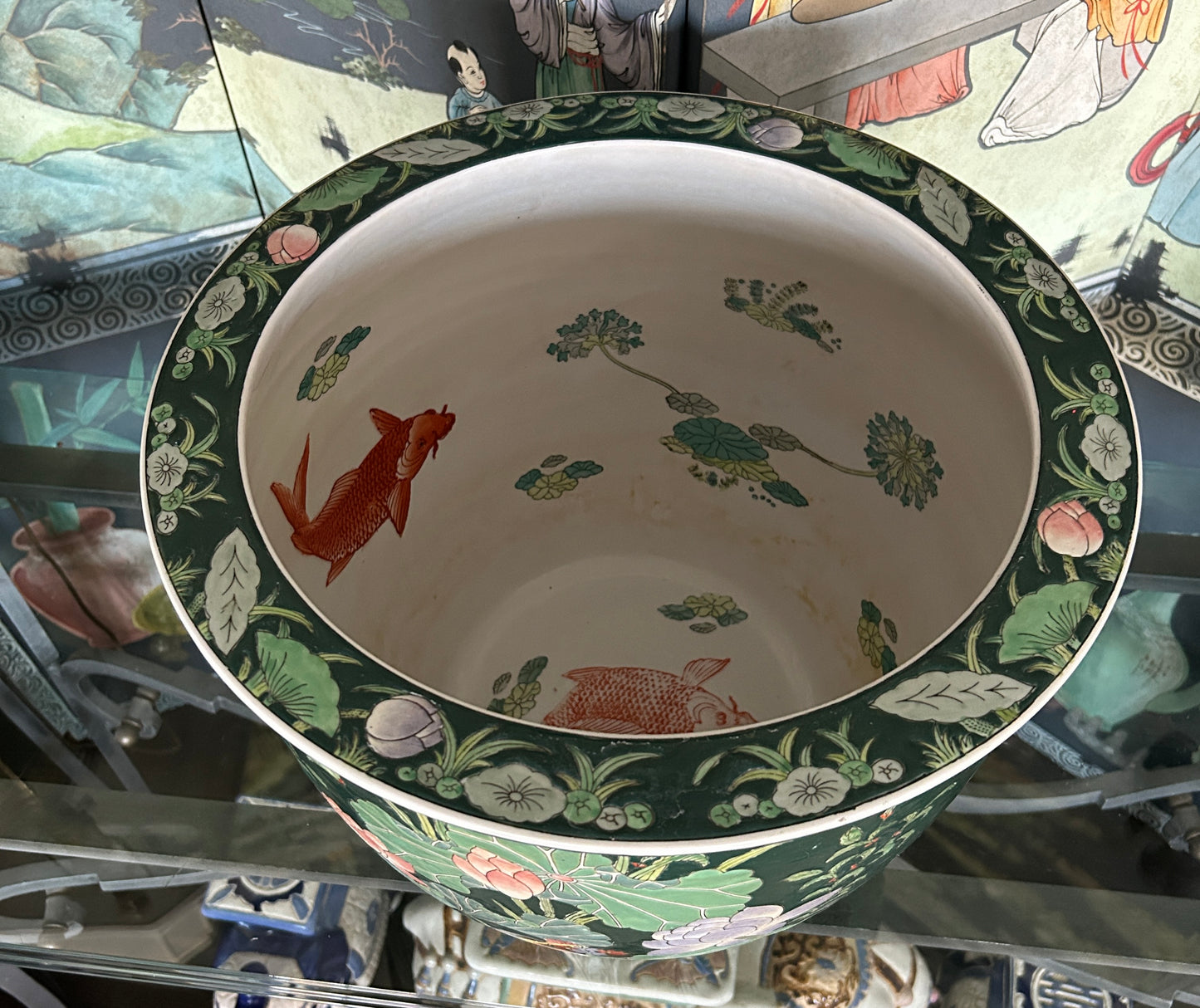 Large Vintage Chinoiserie Porcelain Fish Bowl Jardiniere, 13"H x 16"Diam.