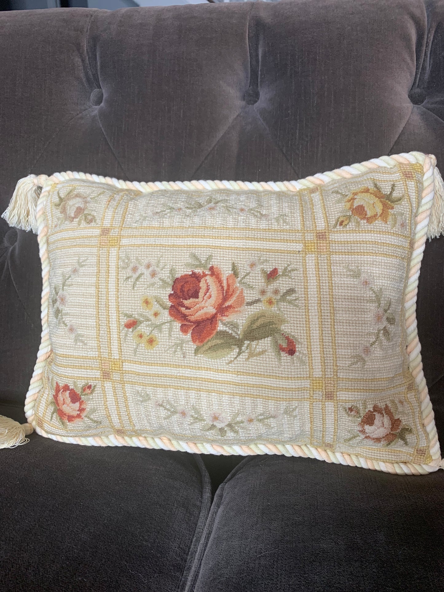 Designer Katha Diddel Home Collection Rose Needlepoint Pillow