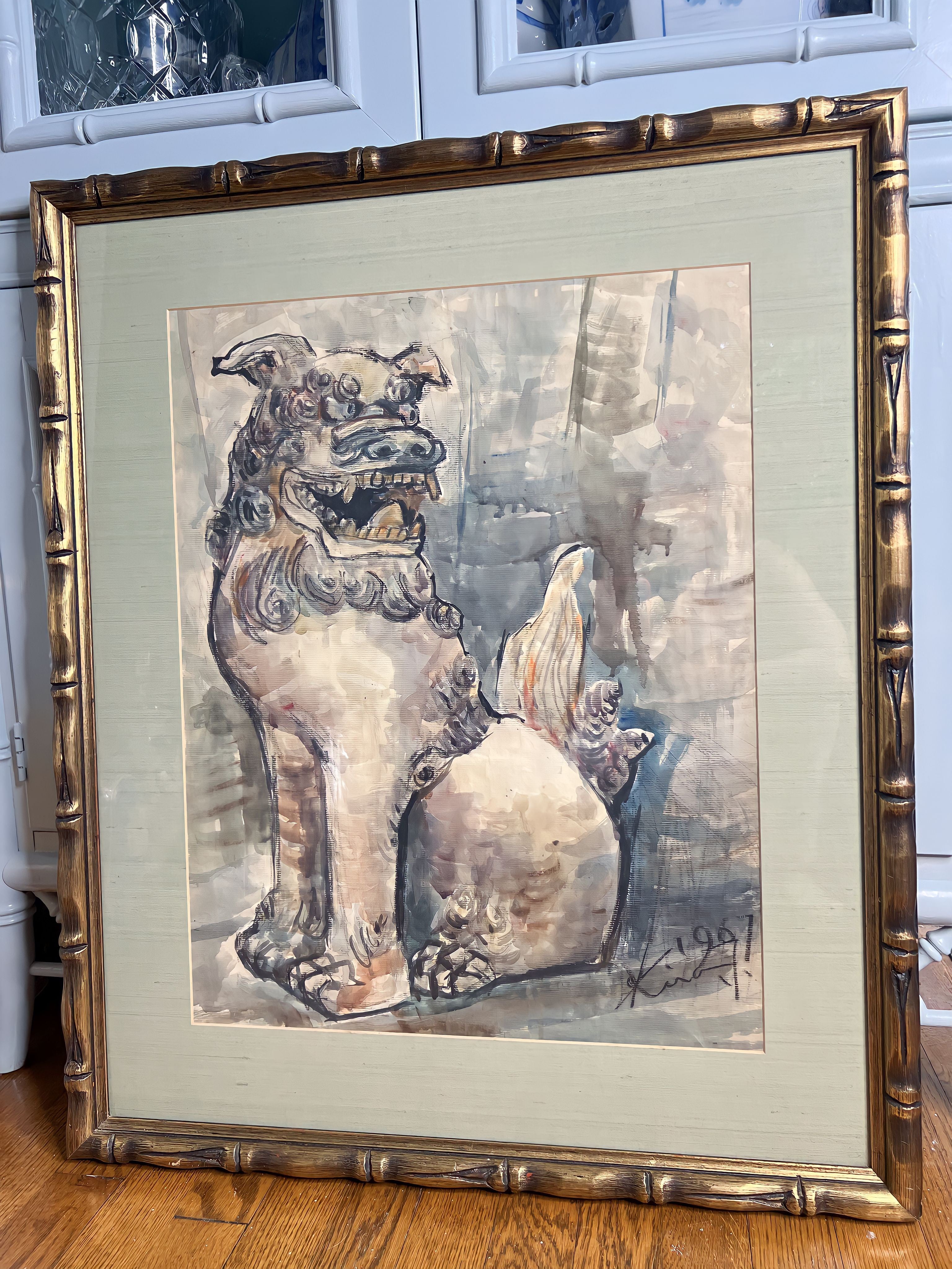 Amazing Vintage Foo Dog Mid Century Original Watercolor & Ink