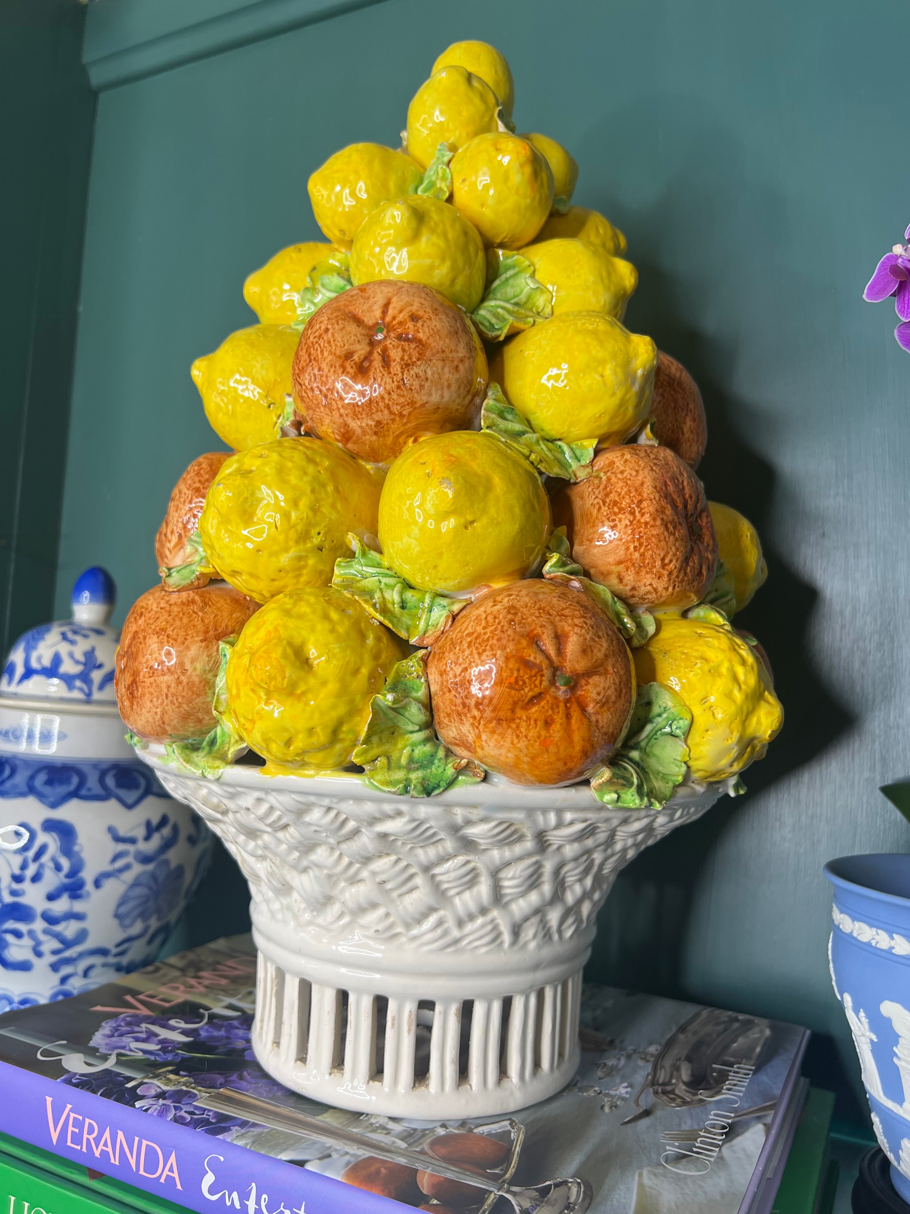 Large 18” Vintage Italian Lemon & Orange Ceramic Centerpiece Topiary