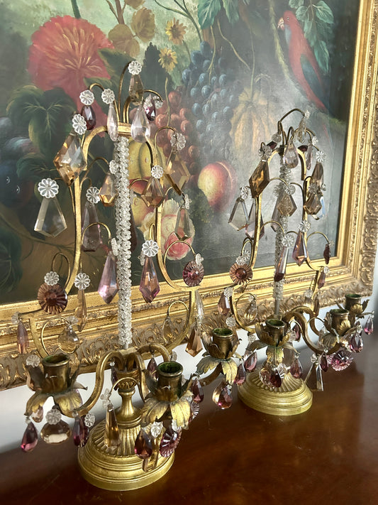 Antique French Gilt Bronze & Crystal Girandoles