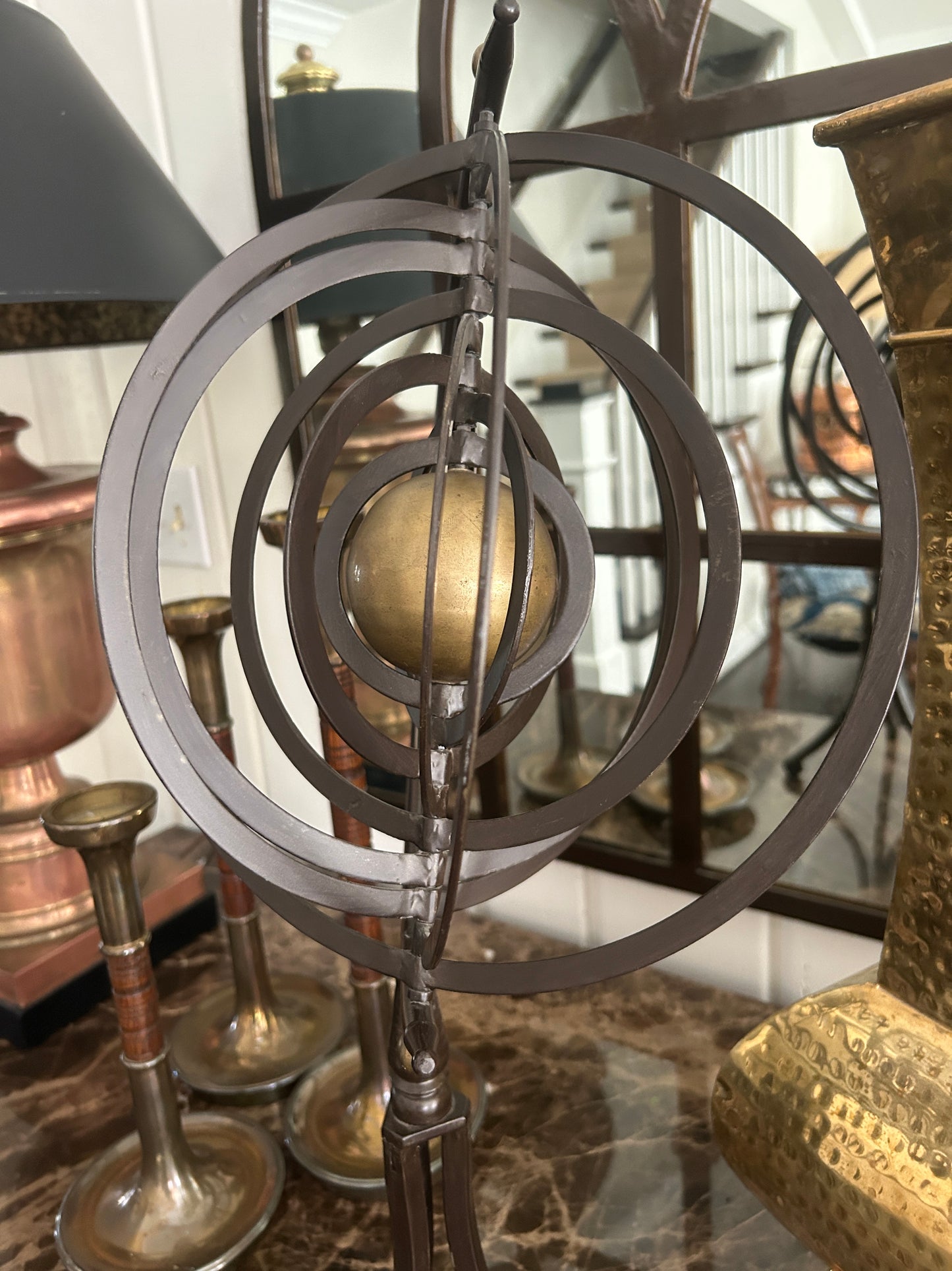 Vintage Modernist Celestial Iron and Brass Armillary Sphere