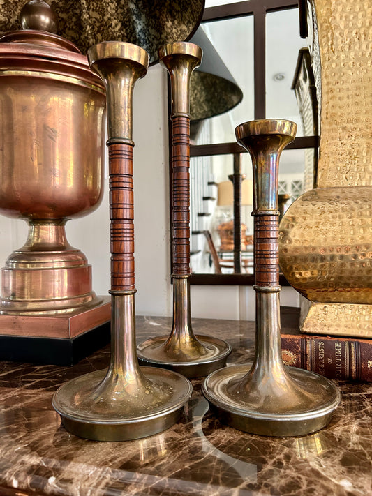 Mid-Century Sarreid Ltd. Turned Wood & Brass Candlesticks