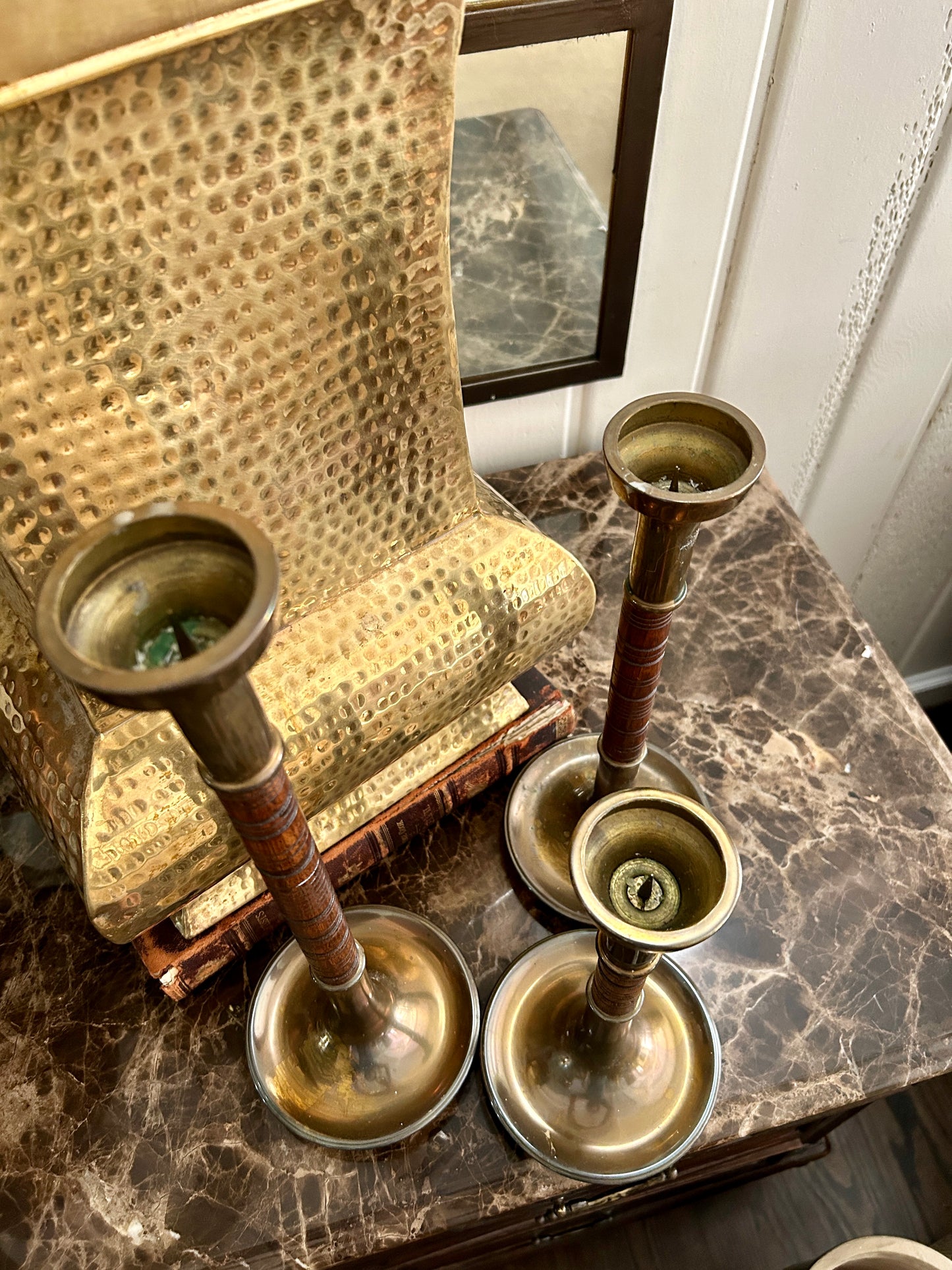 Mid-Century Sarreid Ltd. Turned Wood & Brass Candlesticks