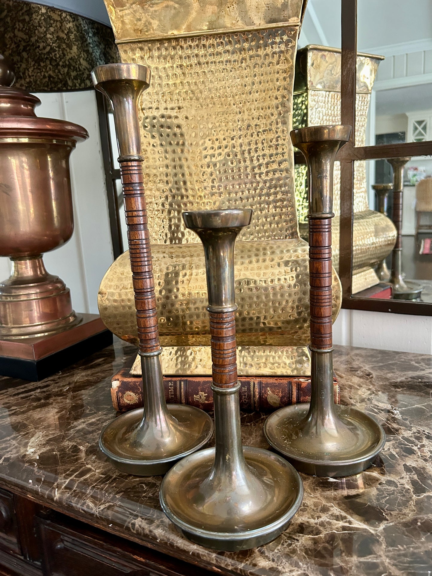 Mid-Century Sarreid Ltd. Turned Wood & Brass Candlesticks