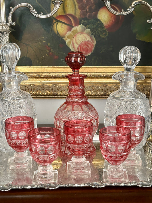 Vintage Cranberry Glass Decanter Set