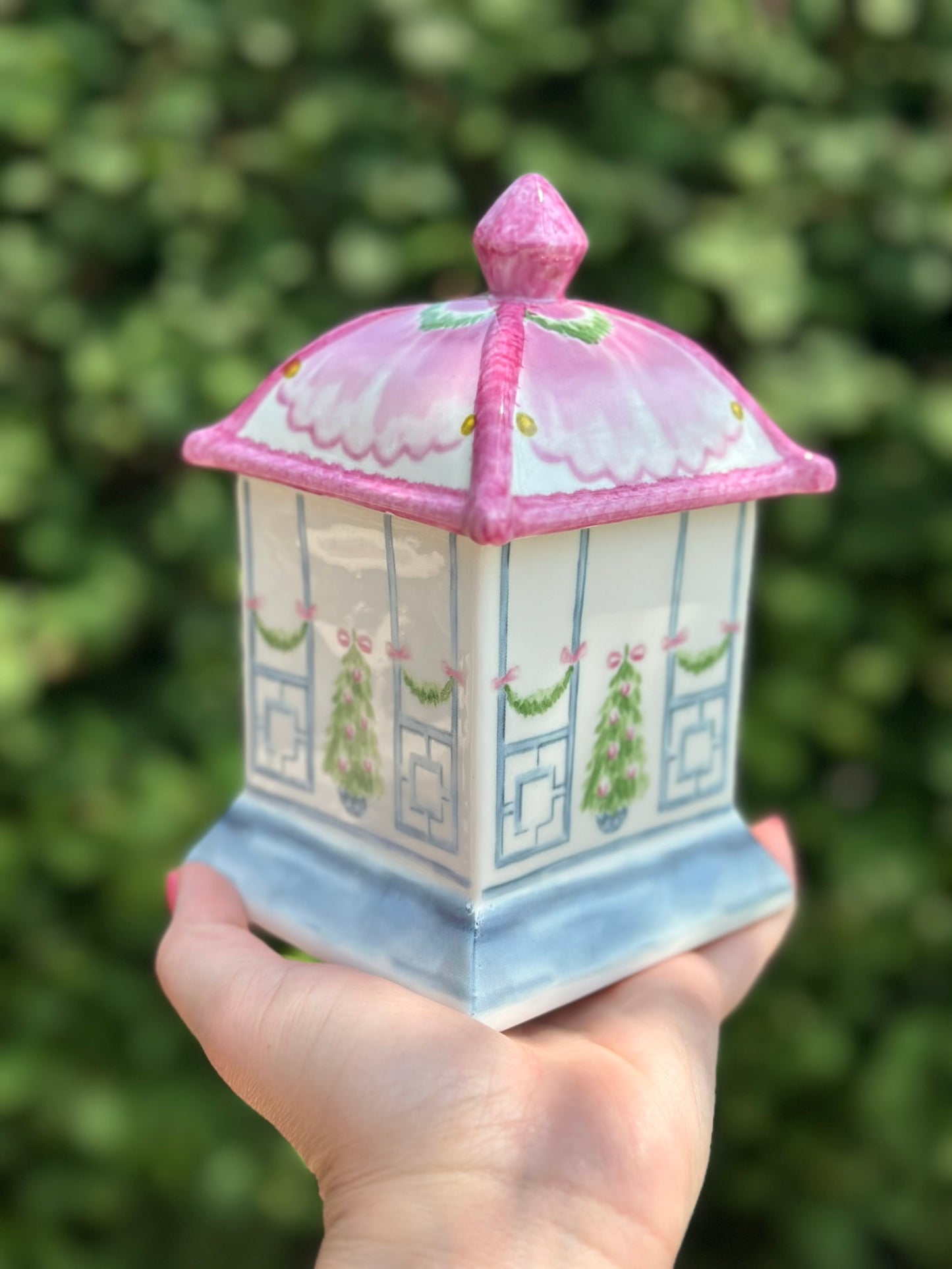 Darling Blue & Pink Porcelain Bow Lidded Christmas Candle- 4L X 4W X 6H