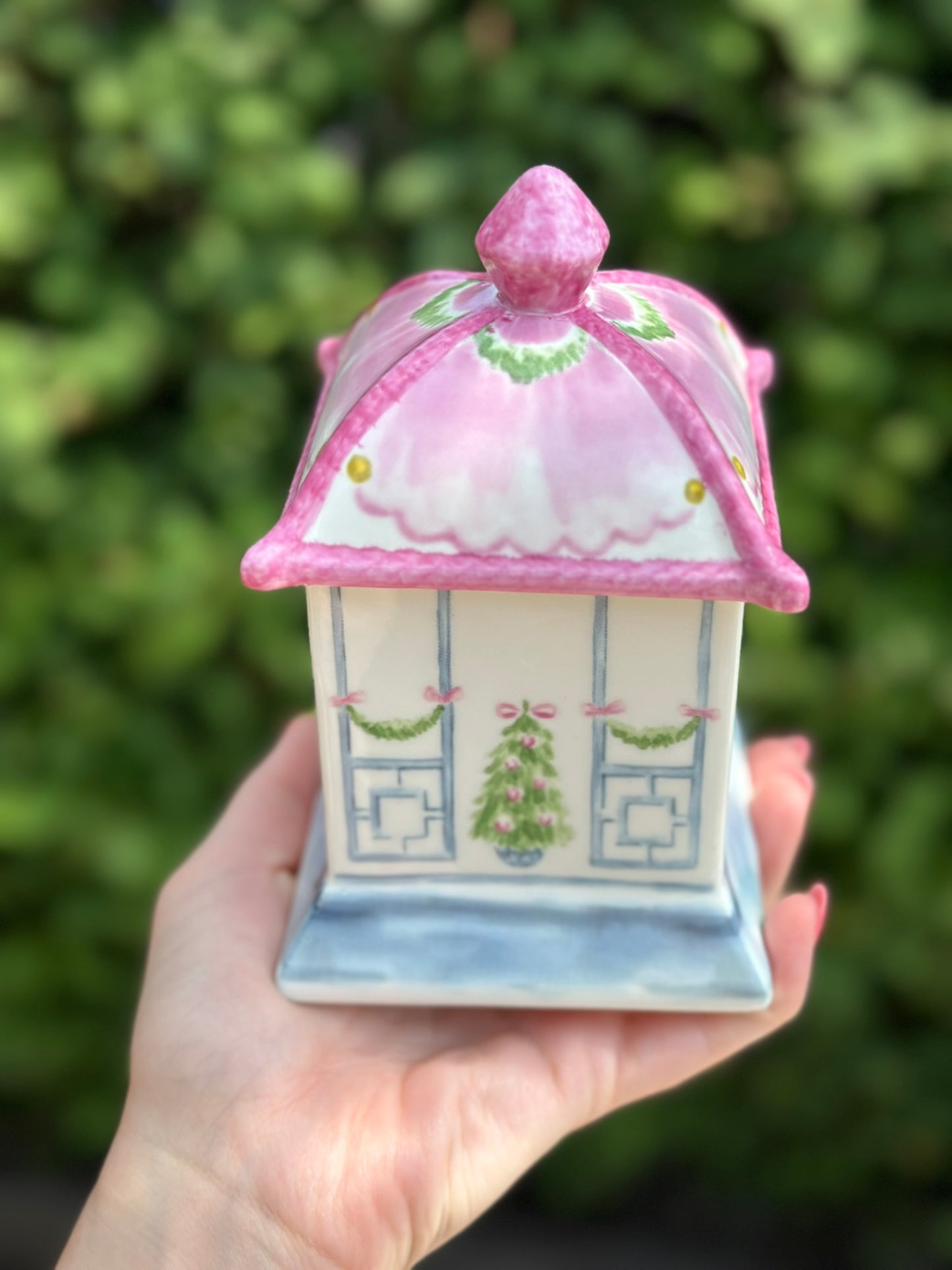 Darling Blue & Pink Porcelain Bow Lidded Christmas Candle- 4L X 4W X 6H