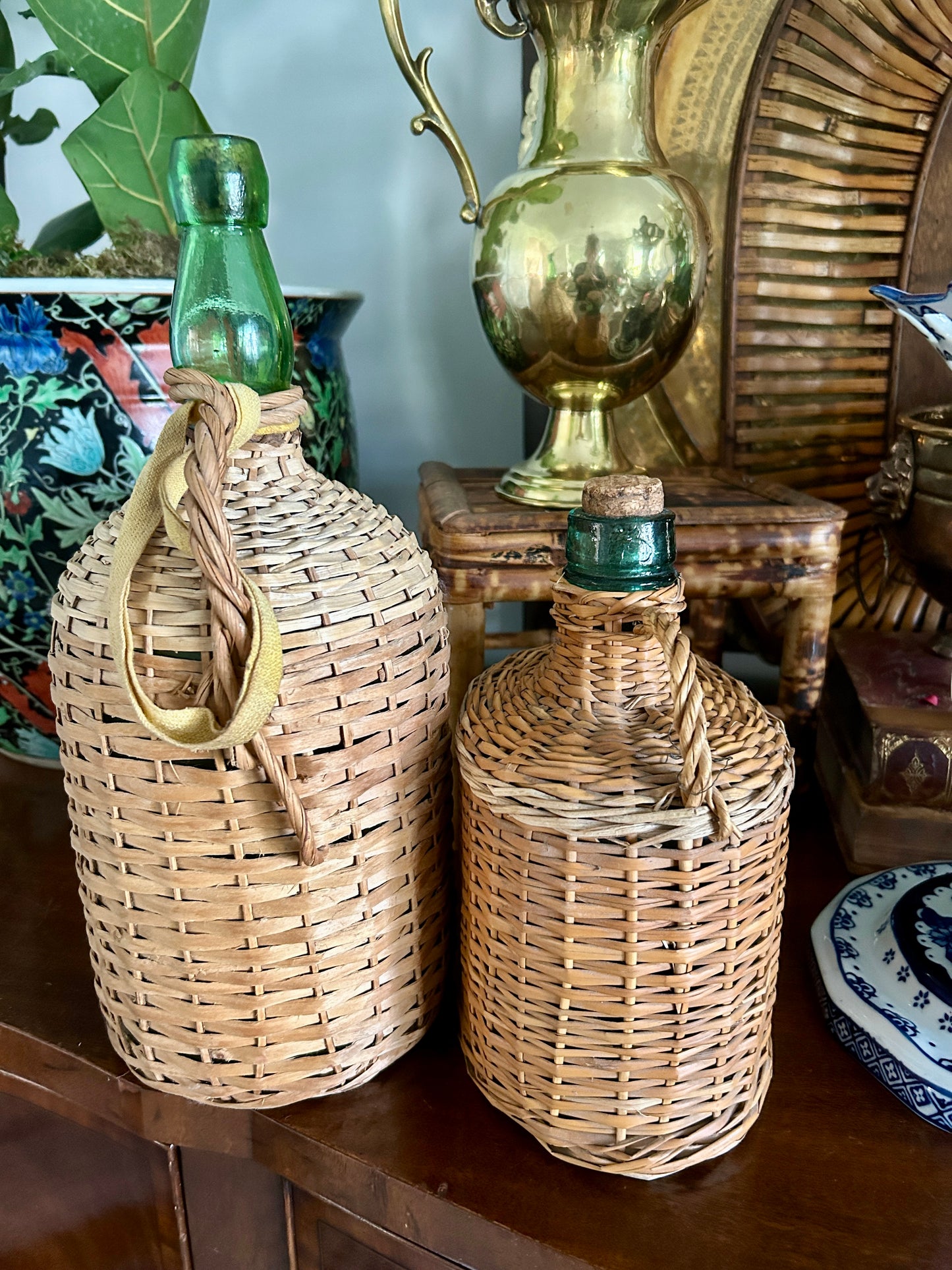 Charming Set of 2 Vintage European Wicker Wrapped Bottles
