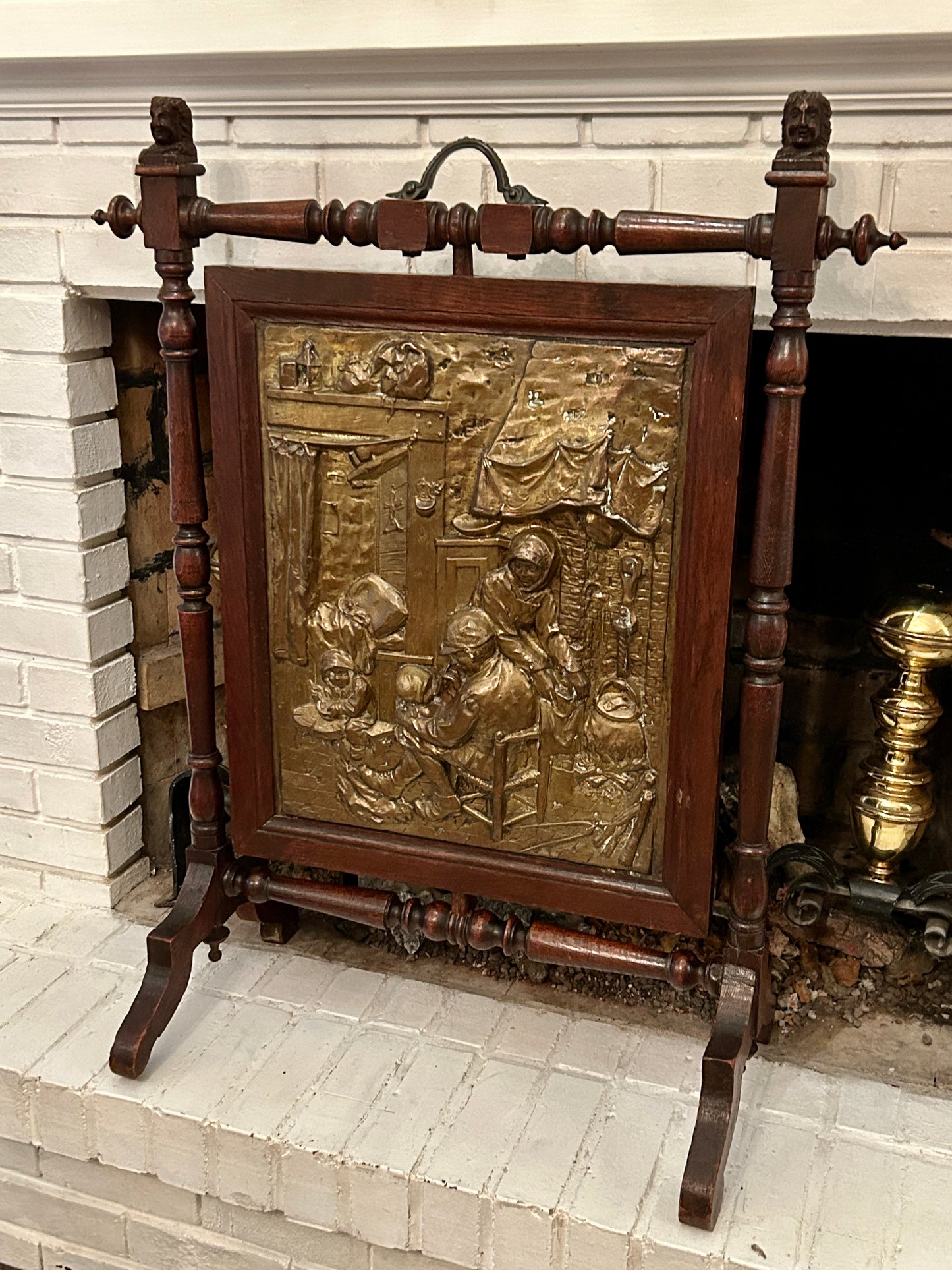 Antique English Carved Oak & Brass Relief  Revolving Fire Screen