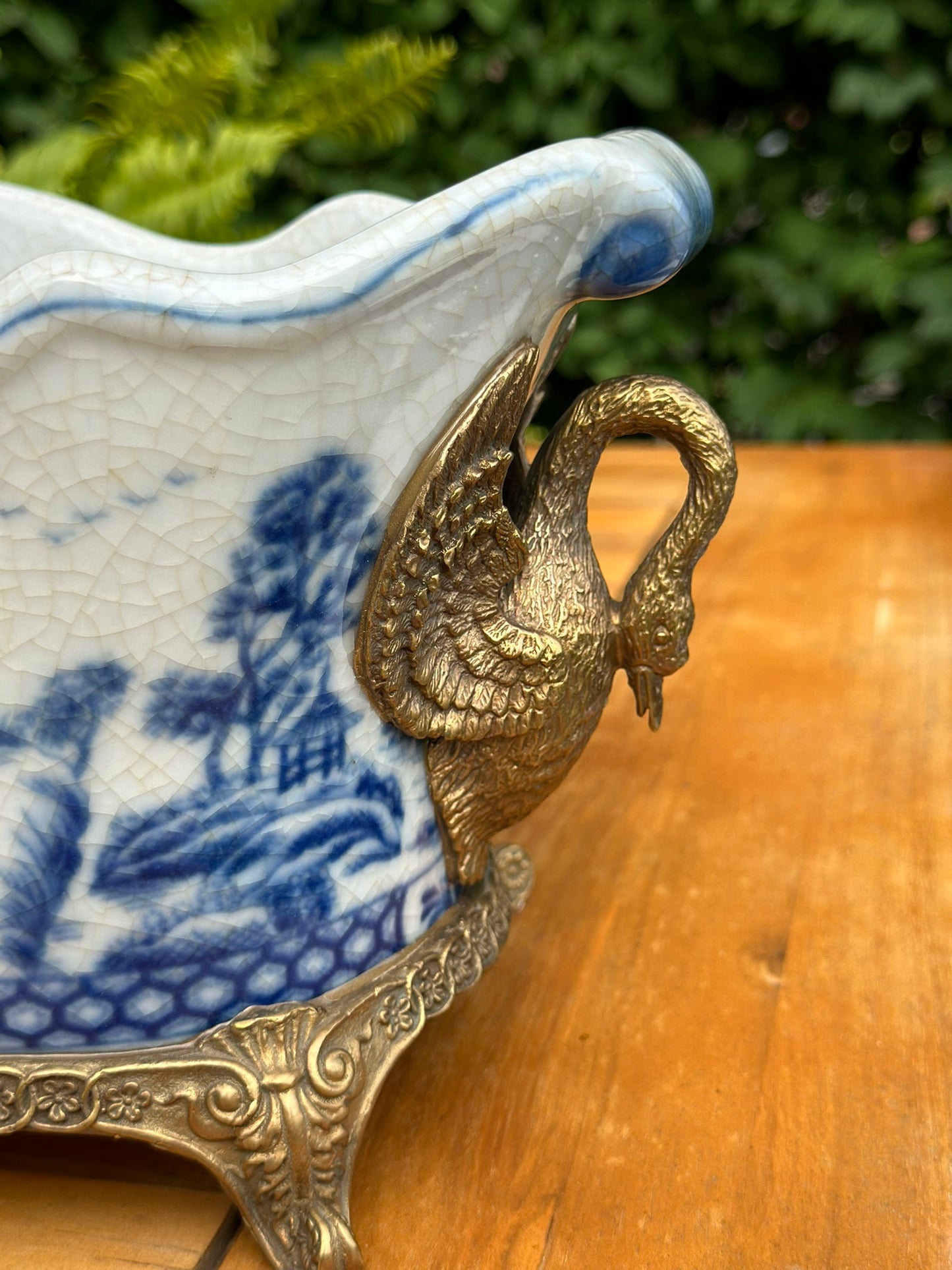 STUNNING - Bronze Swan Handled Blue & White Oblong Planter - 17Lx6.5Wx6.5H