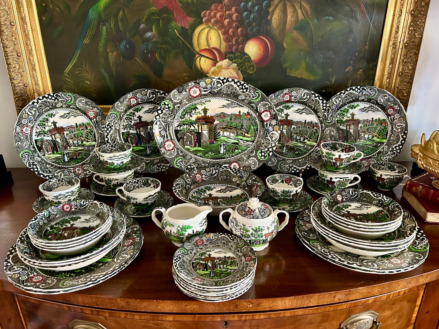 RESERVED for Theresa - Antique English Polychrome Transferware Dinner Set