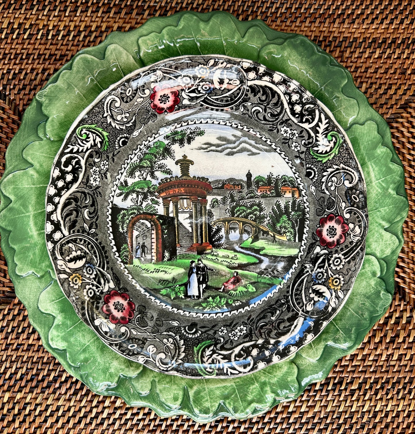 RESERVED for Theresa - Antique English Polychrome Transferware Dinner Set