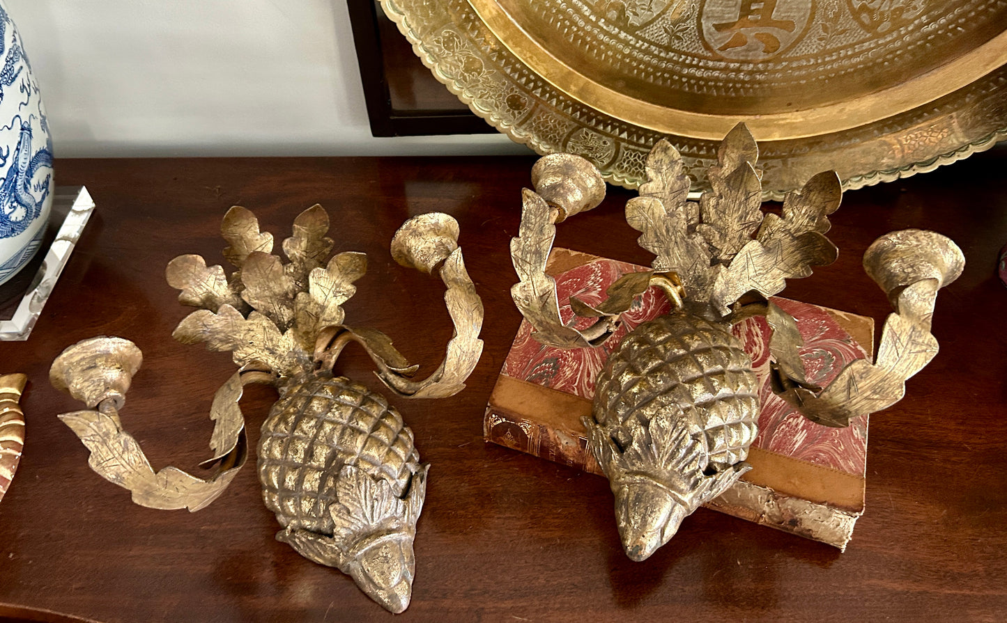 Vintage Pair Gold Gilt Pineapple Sconces