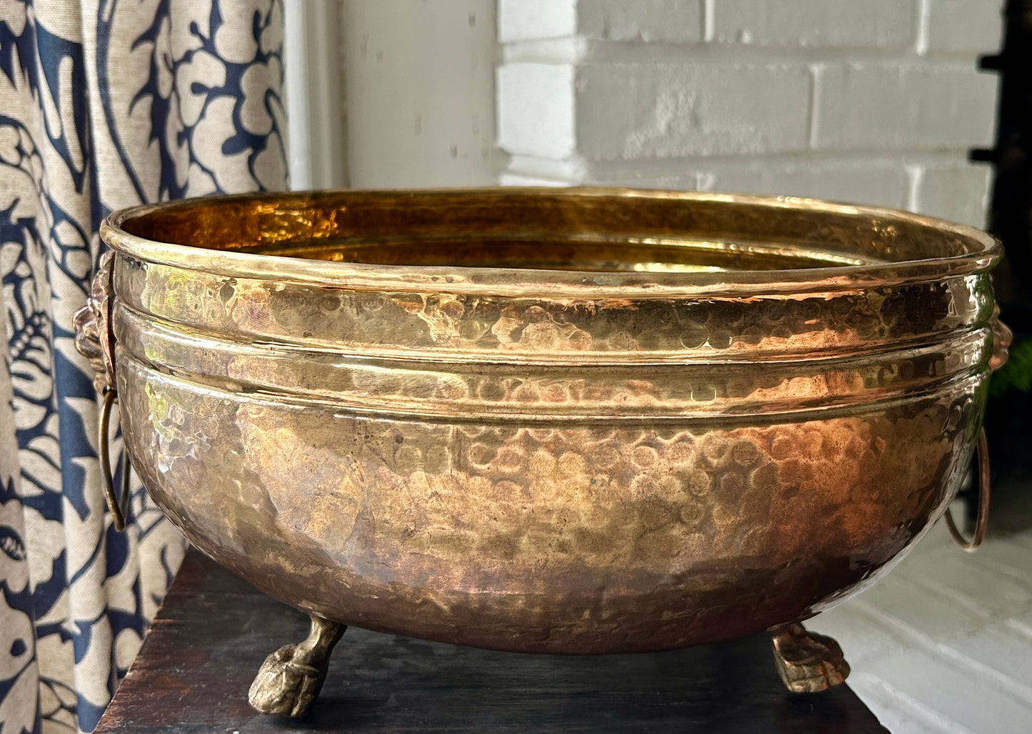 Vintage Hammered Brass Footed Planter w/ Lion Ring Handles
