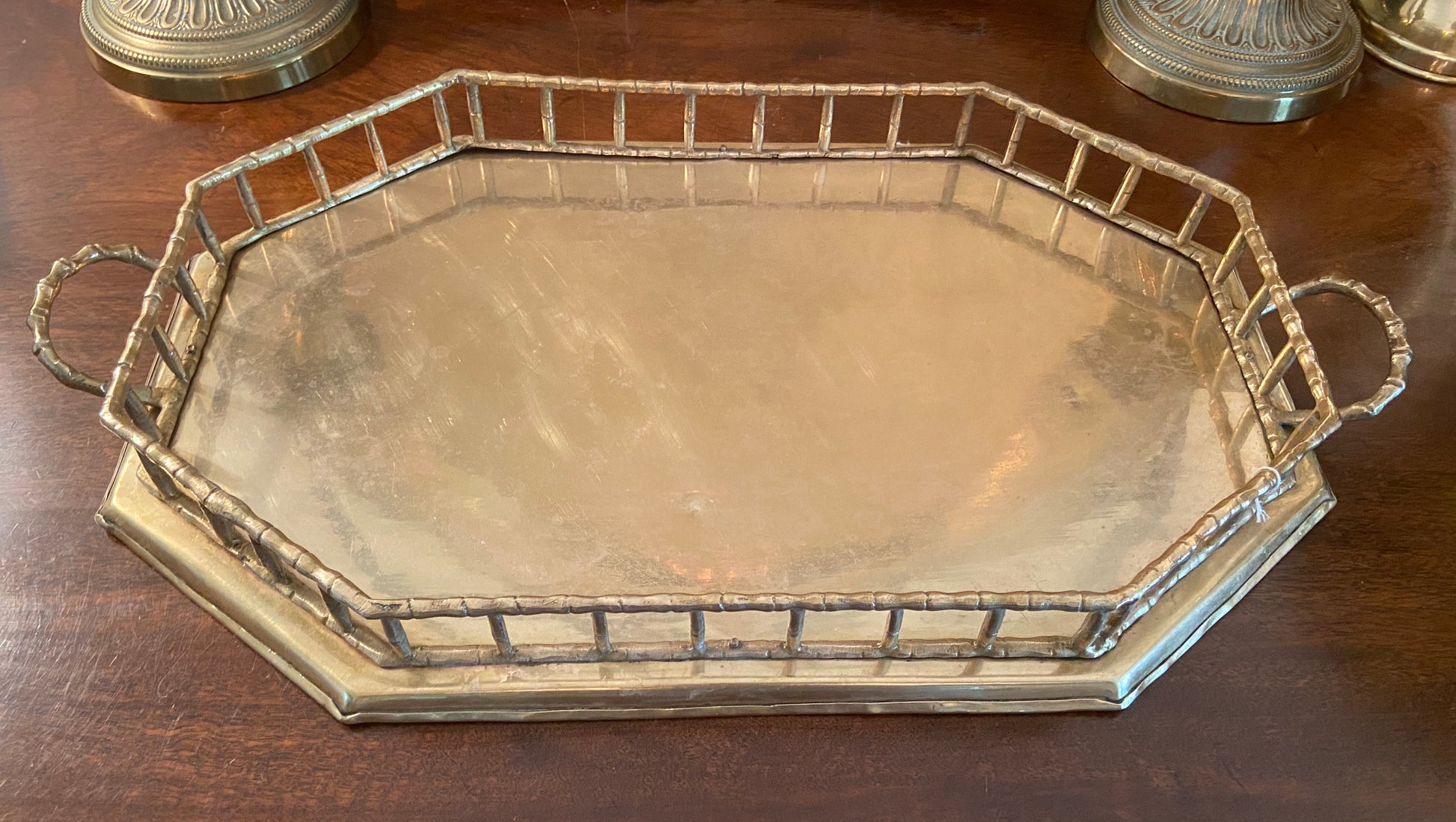 Vintage Hollywood Regency Brass Faux Bamboo Gallery Tray