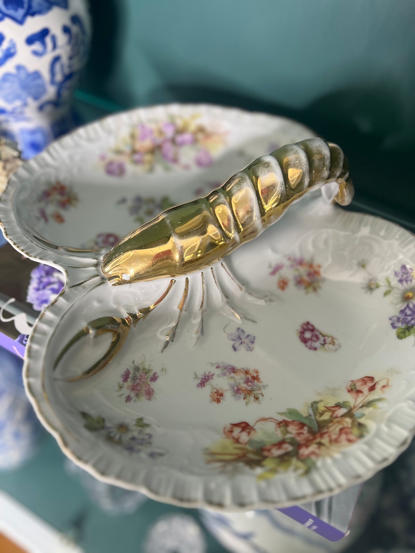 Beautiful Antique Lobster Floral Gold Gilded Divided Dish