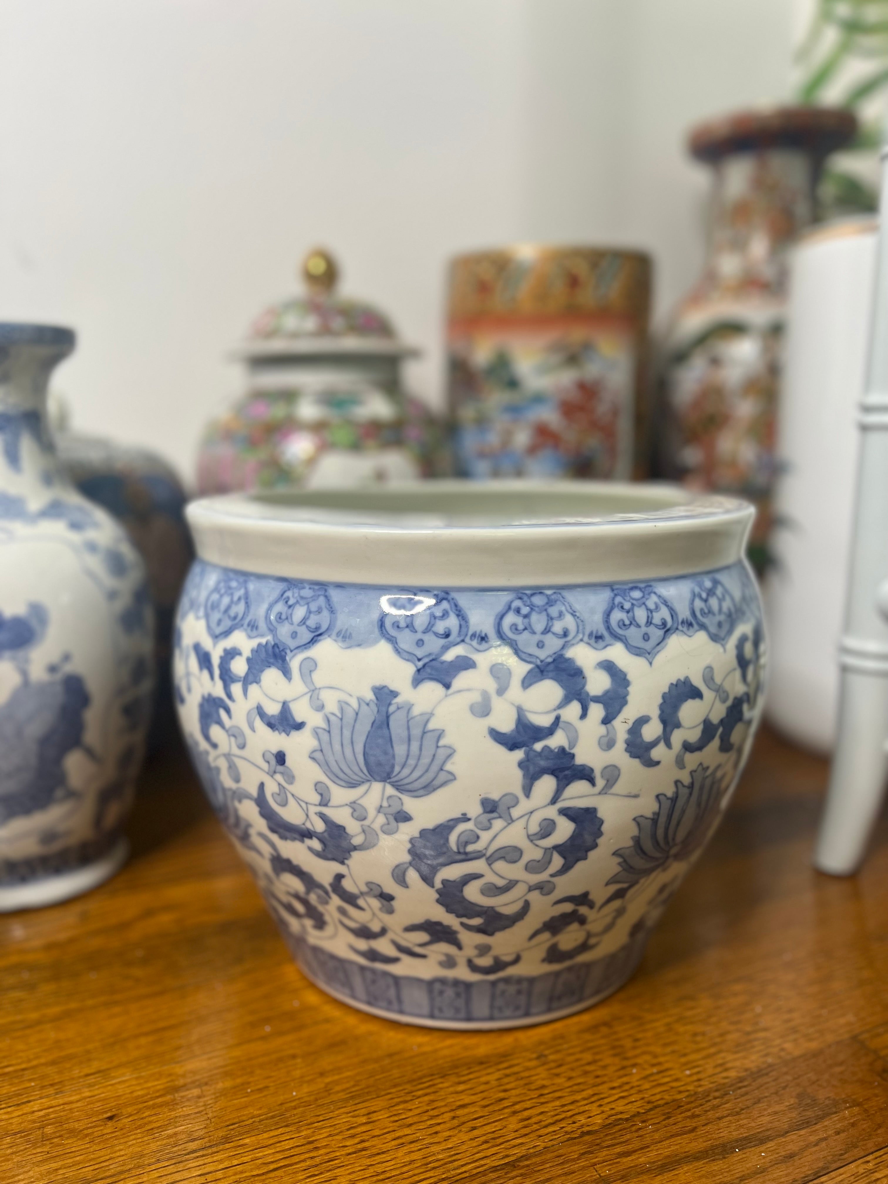 Vintage Blue and White Chinoiserie Porcelain Cache Pot on sale Planter 8