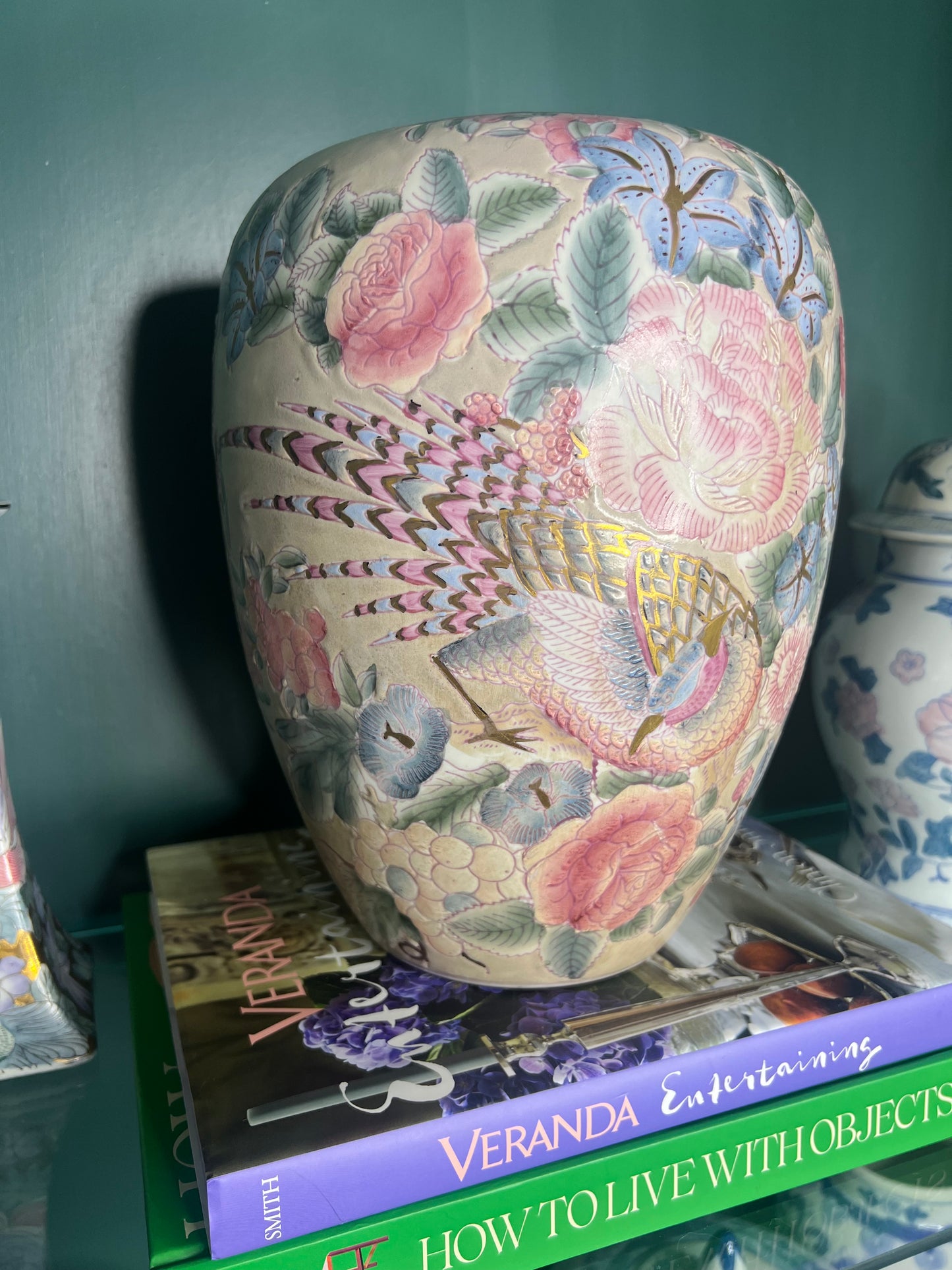 Stunning Vintage Large Pink Floral Chinoiserie Vase