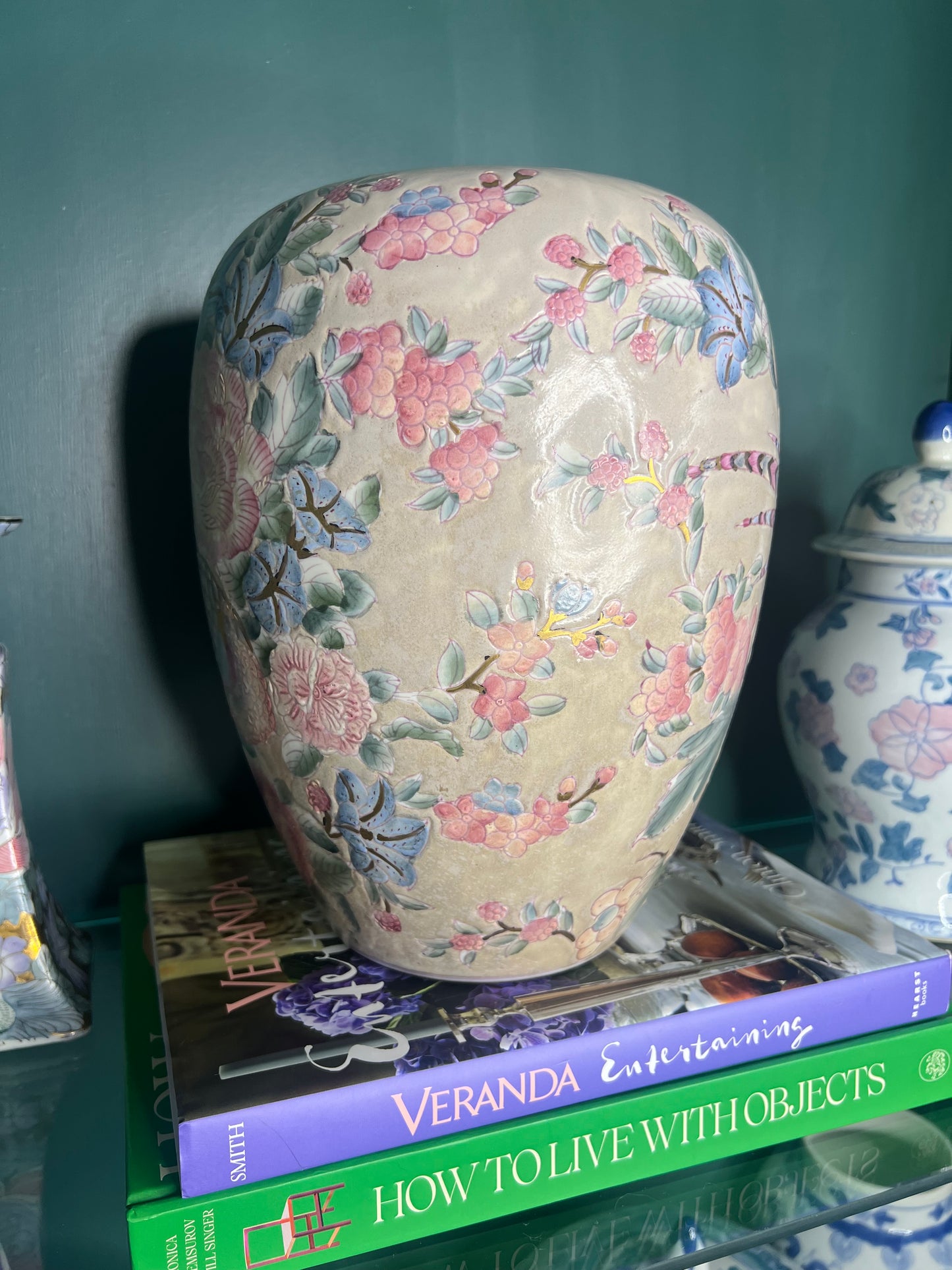 Stunning Vintage Large Pink Floral Chinoiserie Vase