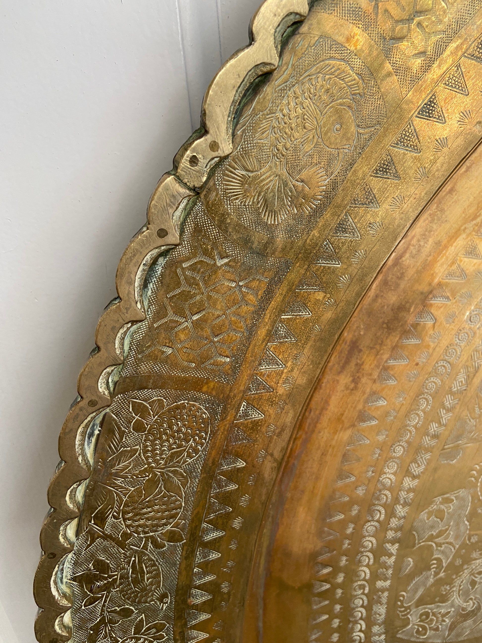 Large Vintage Asian Engraved Brass Tray, 29 3/4 Diameter