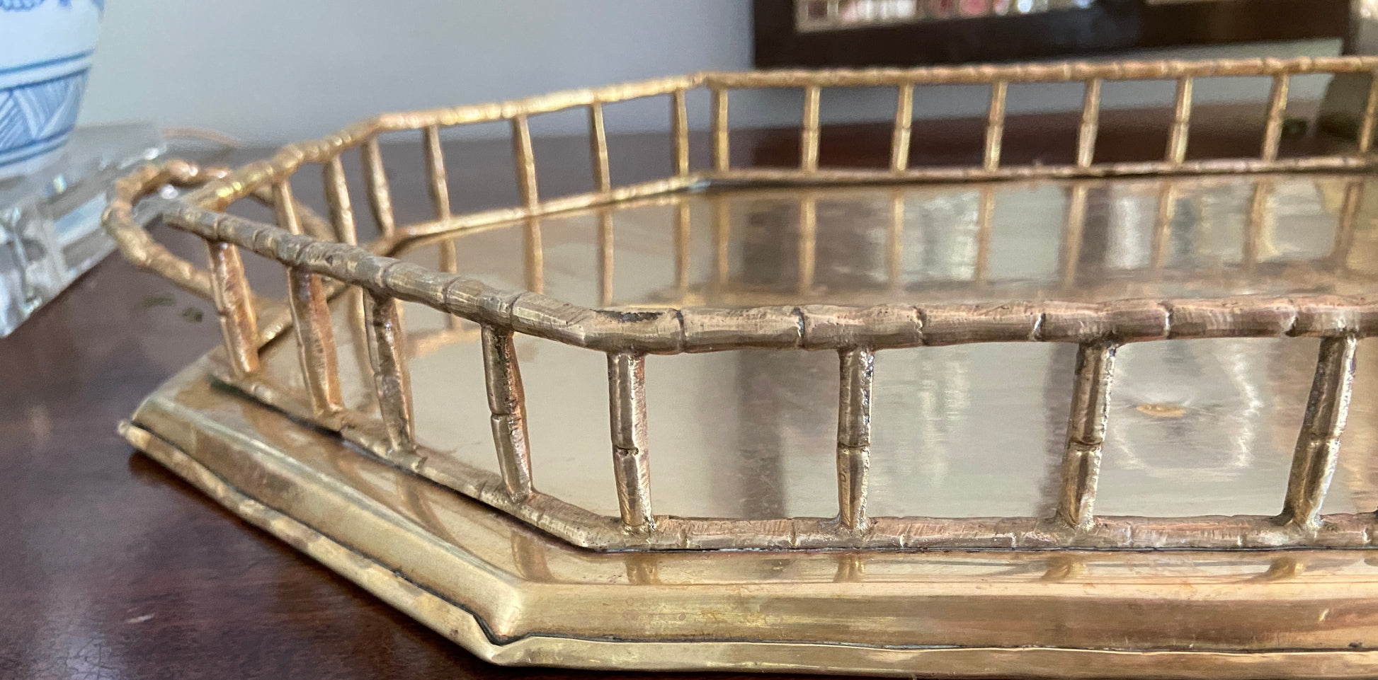 Vintage Oval Faux Bamboo Rim Brass Tray