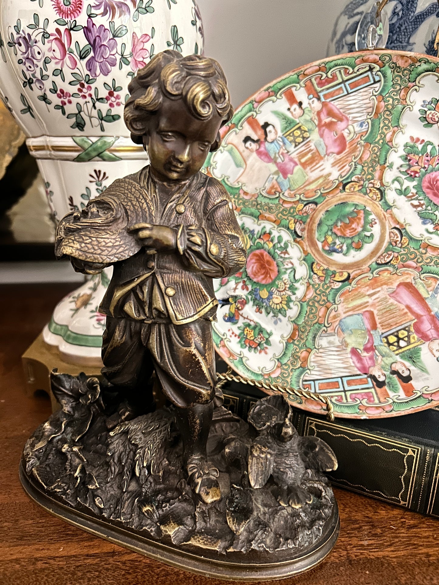 Charming 19th Century French Bronze Sculpture  ~ Boy Feeding Birds