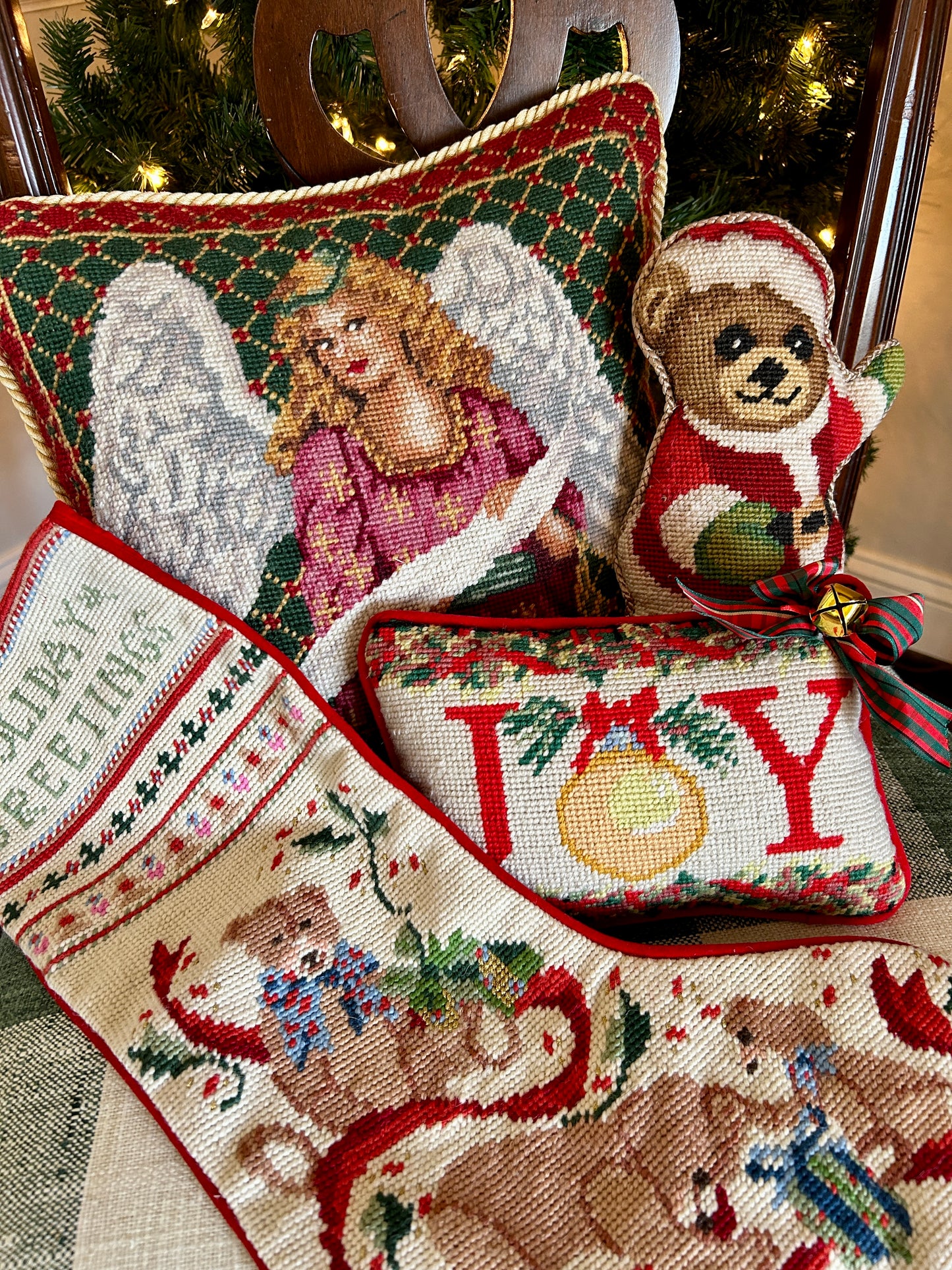 Needlepoint Teddy Bear Santa Pillow