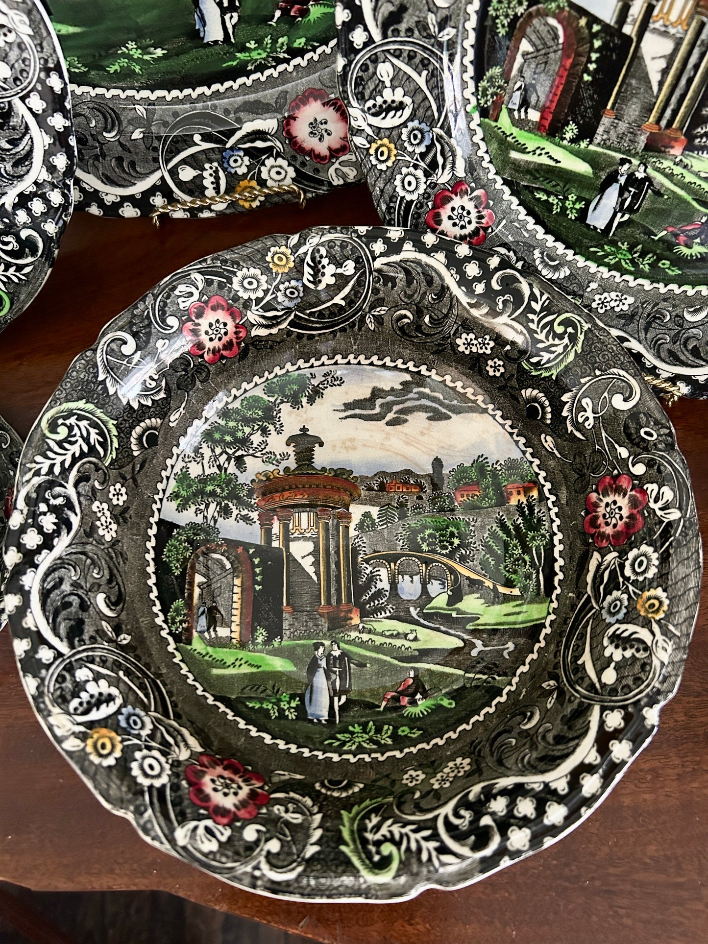 RESERVED for Theresa - Antique English Polychrome Transferware Dinner Set