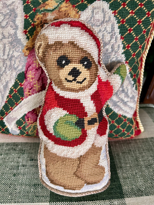 Needlepoint Teddy Bear Santa Pillow