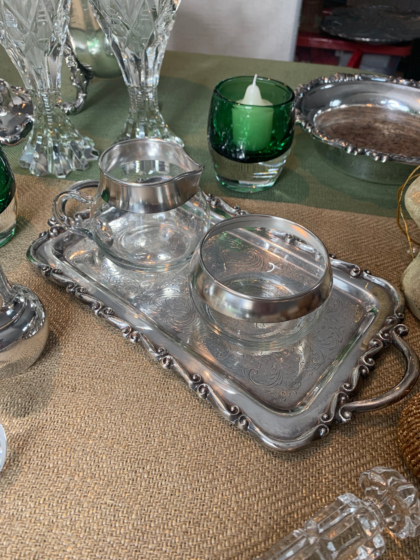 Vintage Glass Sugar and Creamer Set with silver-plate Rim - Elevate Your Tea Time Experience!