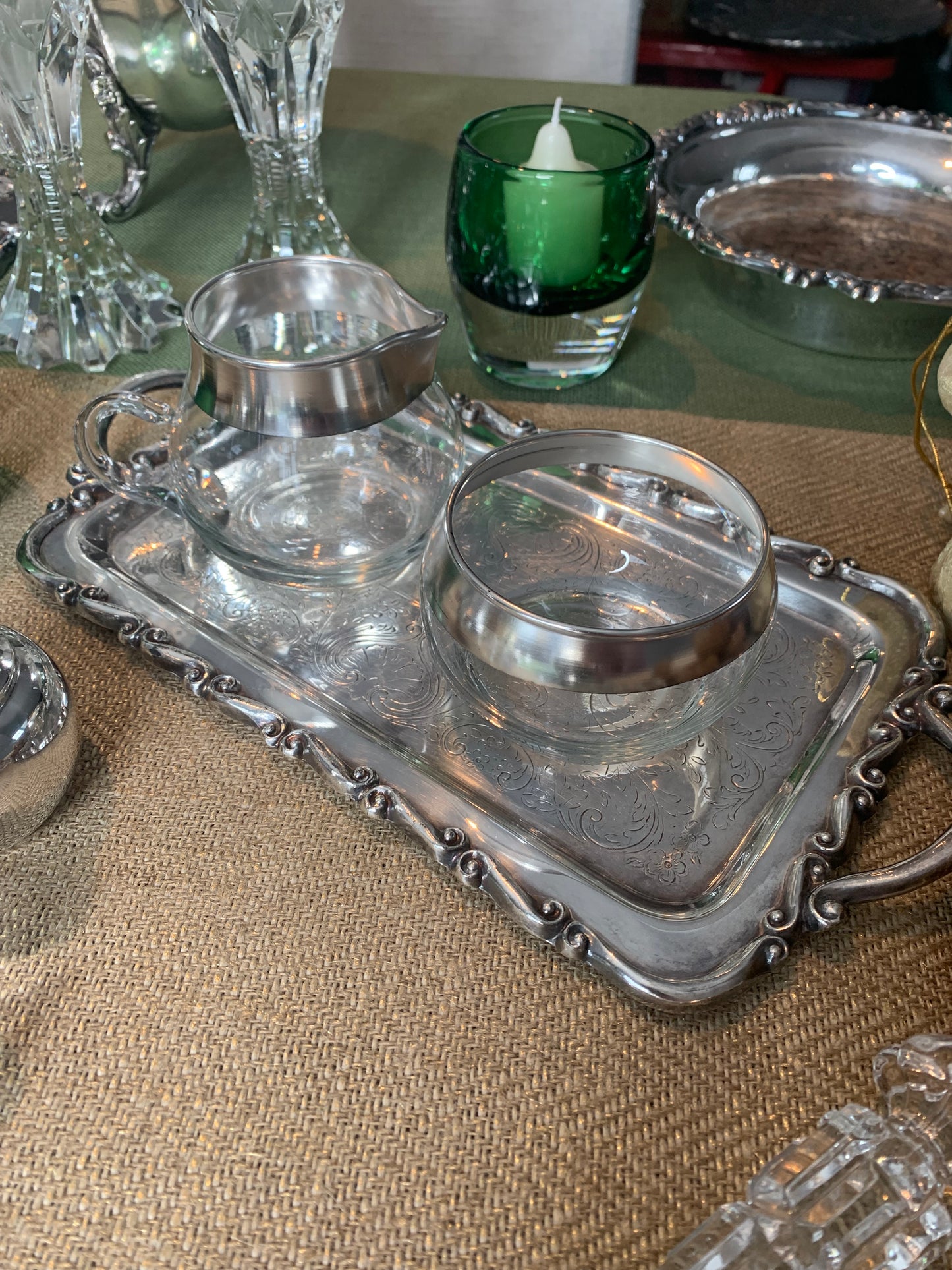 Vintage Glass Sugar and Creamer Set with silver-plate Rim - Elevate Your Tea Time Experience!