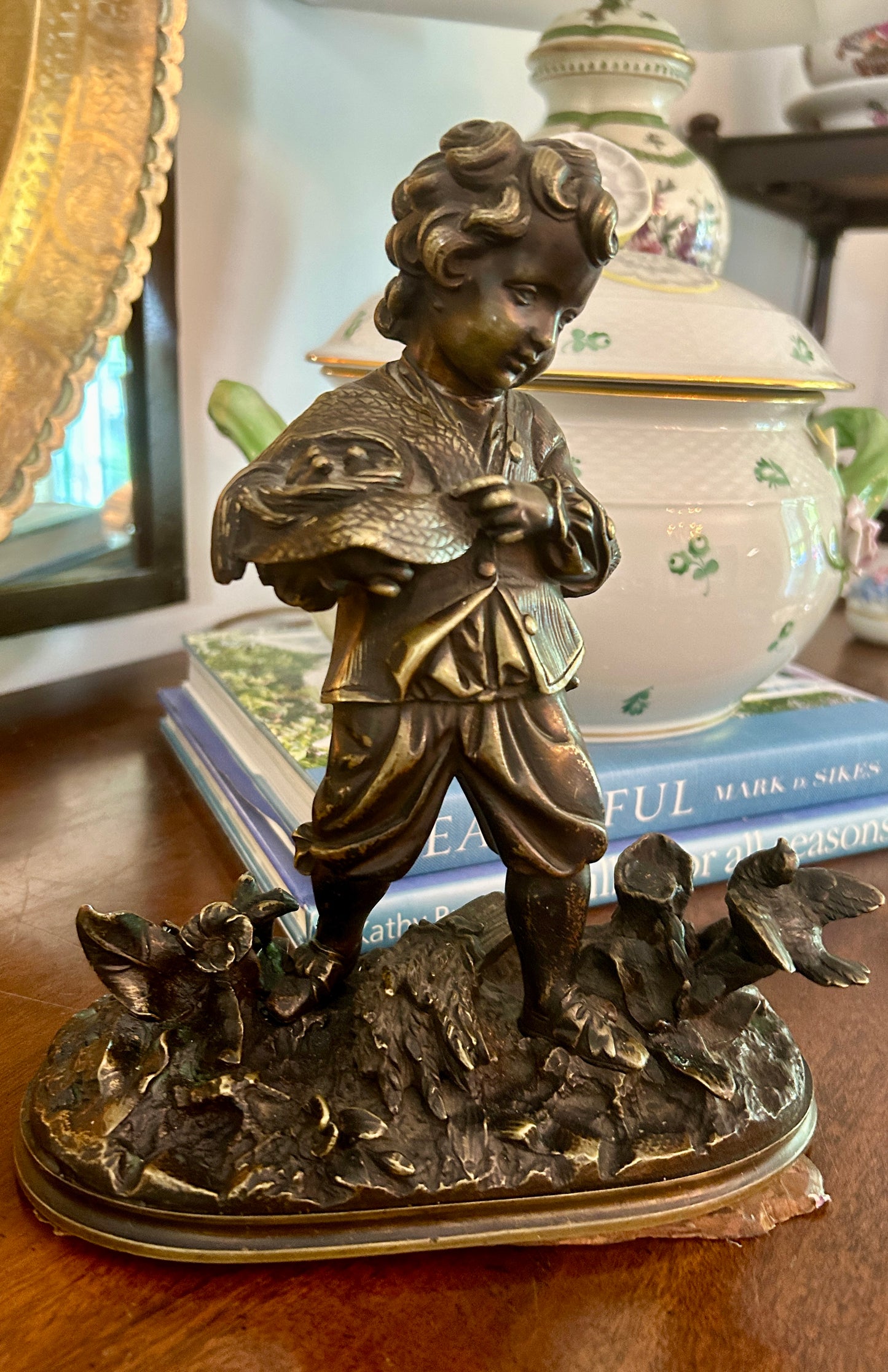 Charming 19th Century French Bronze Sculpture  ~ Boy Feeding Birds