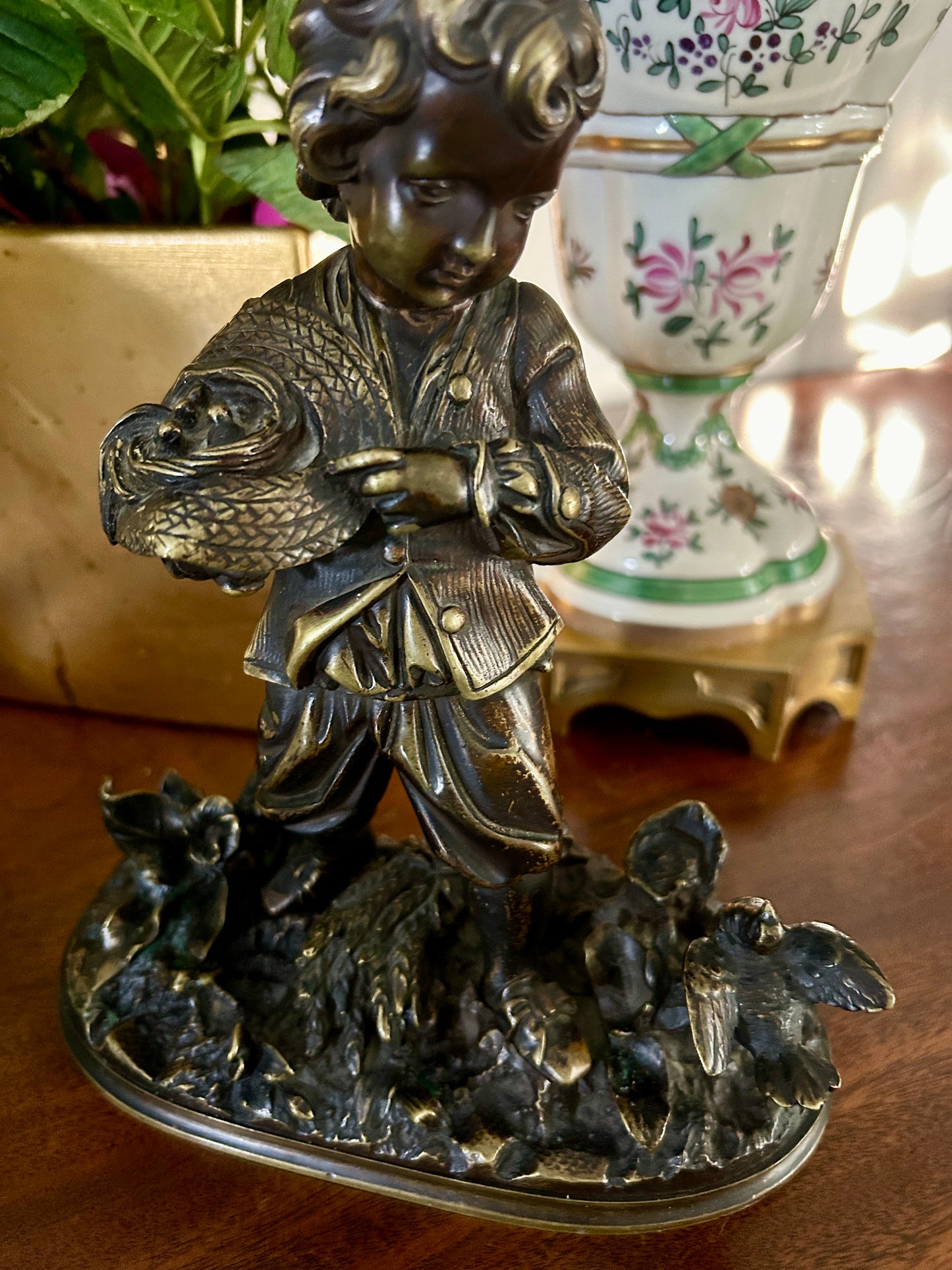 Charming 19th Century French Bronze Sculpture  ~ Boy Feeding Birds