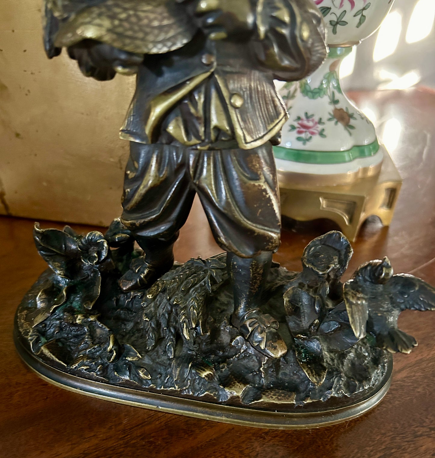 Charming 19th Century French Bronze Sculpture  ~ Boy Feeding Birds