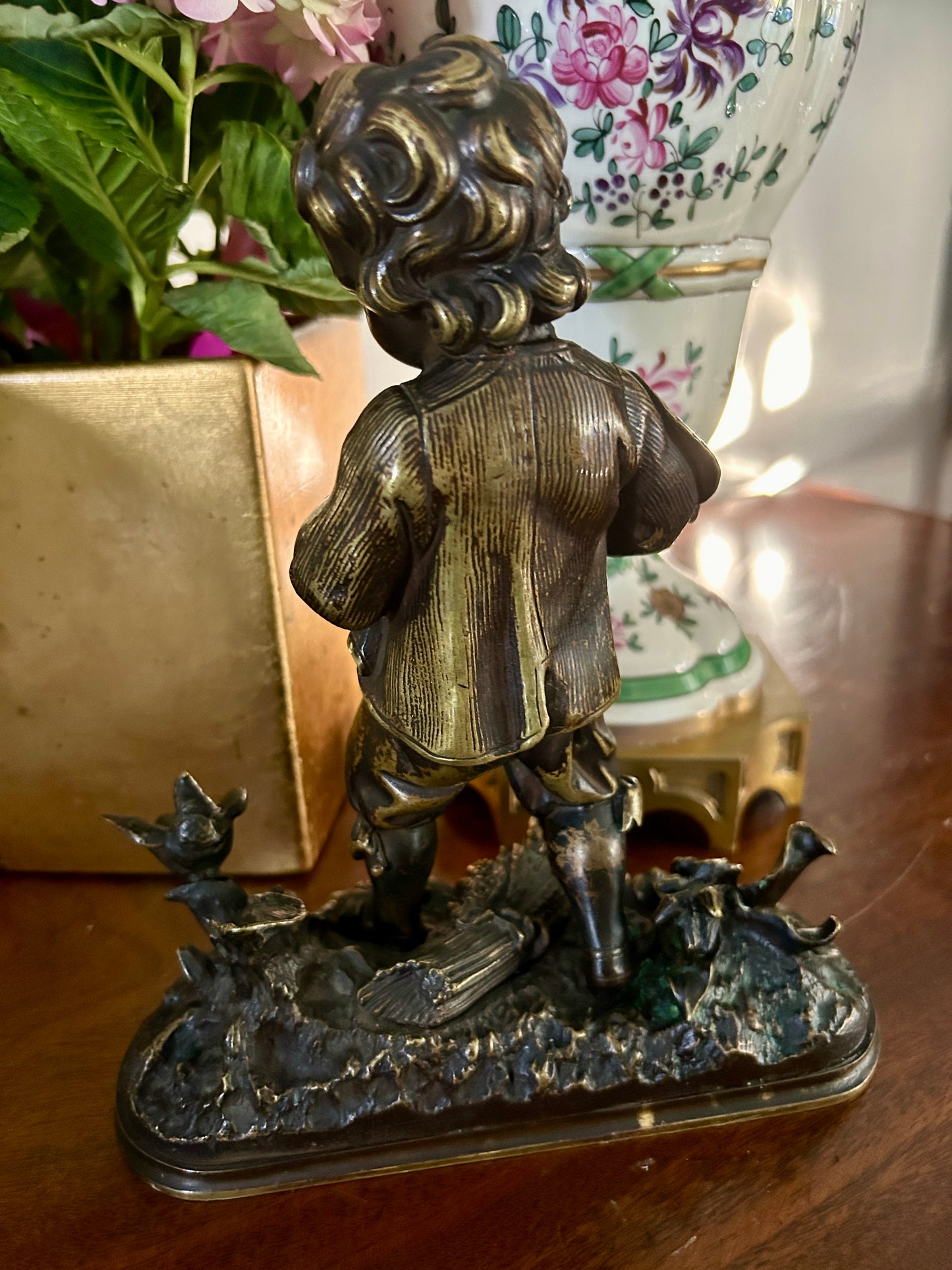 Charming 19th Century French Bronze Sculpture  ~ Boy Feeding Birds