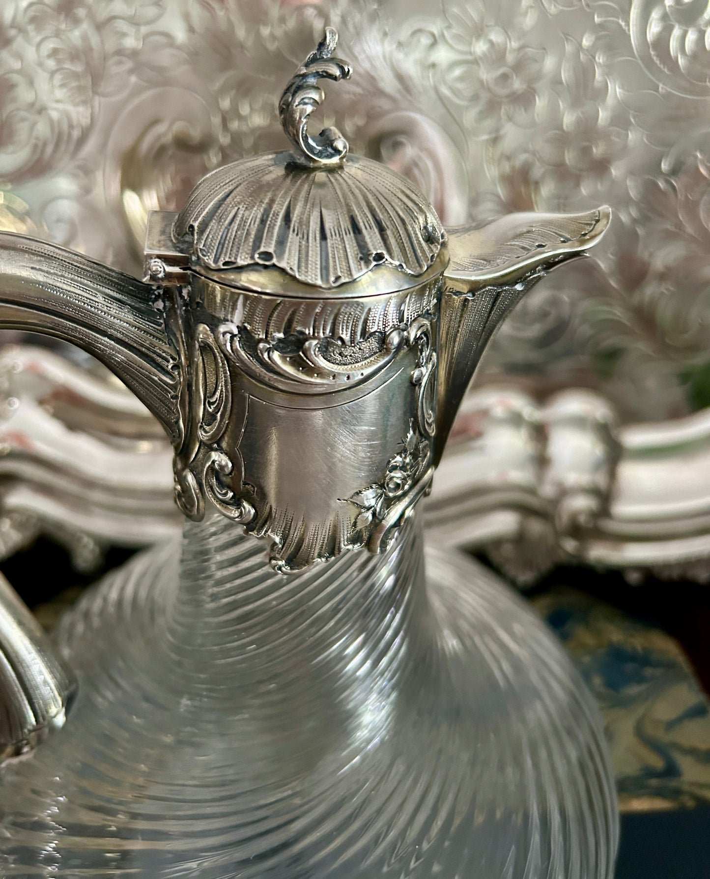 Fine 19th Century French Sterling Silver Swirled Glass Claret Jug