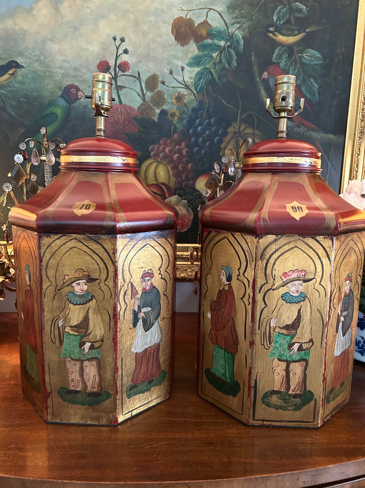 Pair Hand Painted Tole Tea Canister Lamps by Vaughan Designs