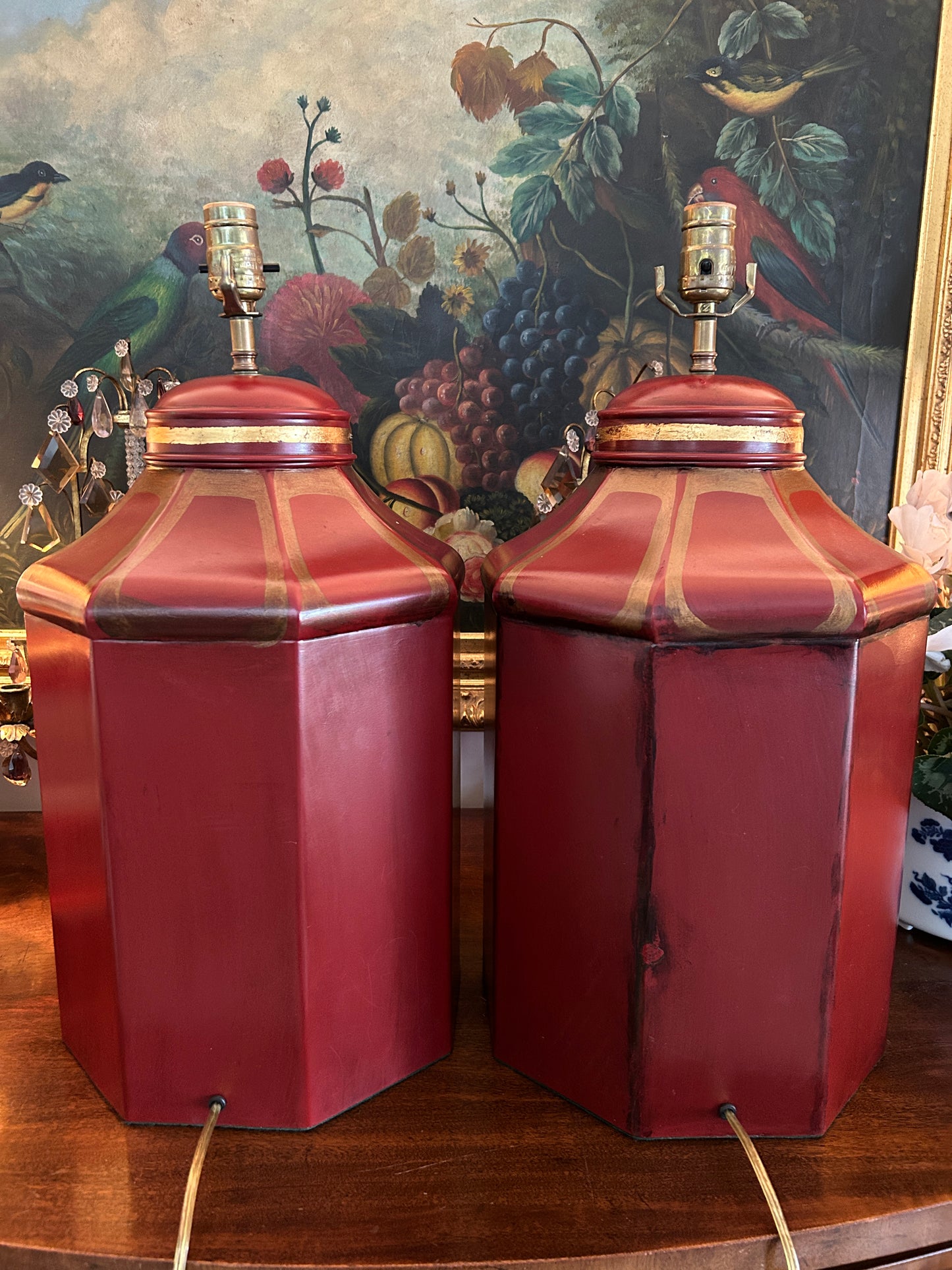 Pair Hand Painted Tole Tea Canister Lamps by Vaughan Designs