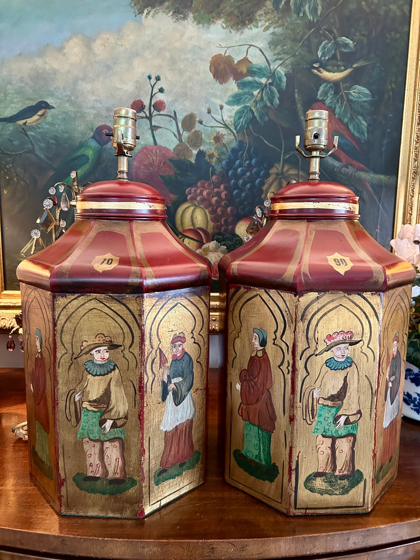 Pair Hand Painted Tole Tea Canister Lamps by Vaughan Designs