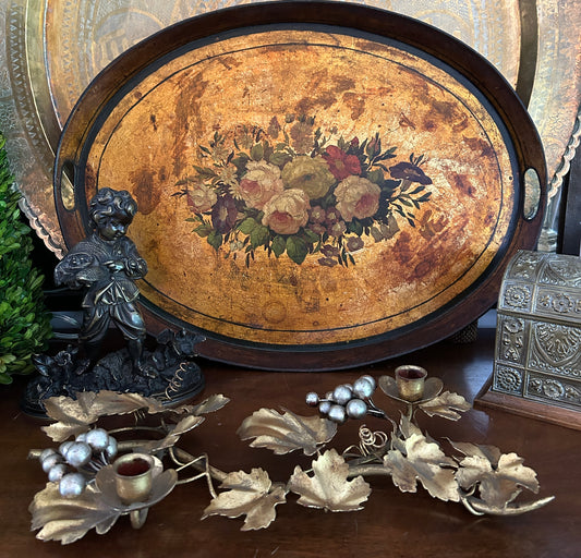 Antique French Hand Painted Tole Tray
